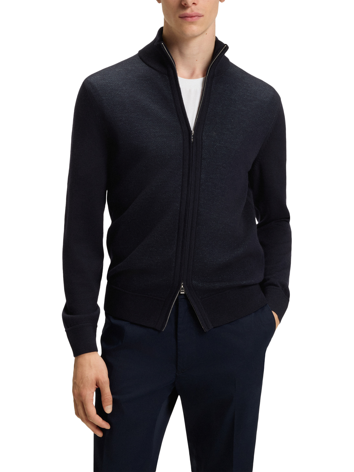 Product image 1 of 5, which shows BOSS Wool Zip-Through Funnel Neck Knit Jumper, Dark Blue, XL