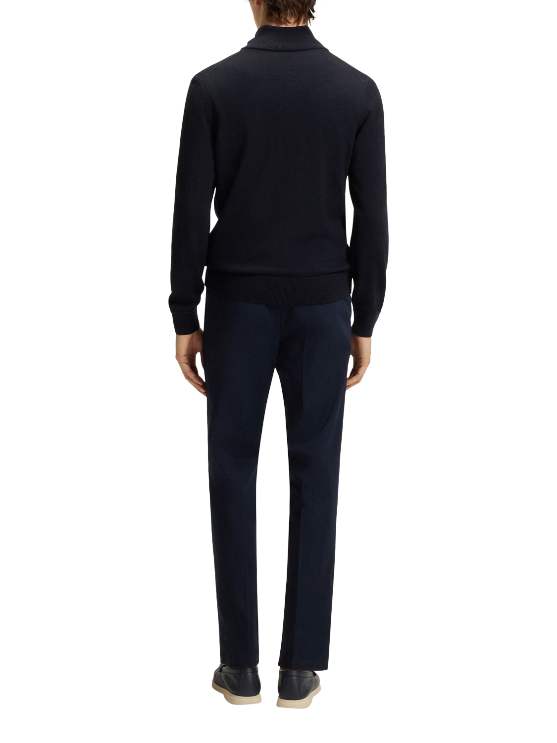Product image 2 of 5, which shows BOSS Wool Zip-Through Funnel Neck Knit Jumper, Dark Blue, XL