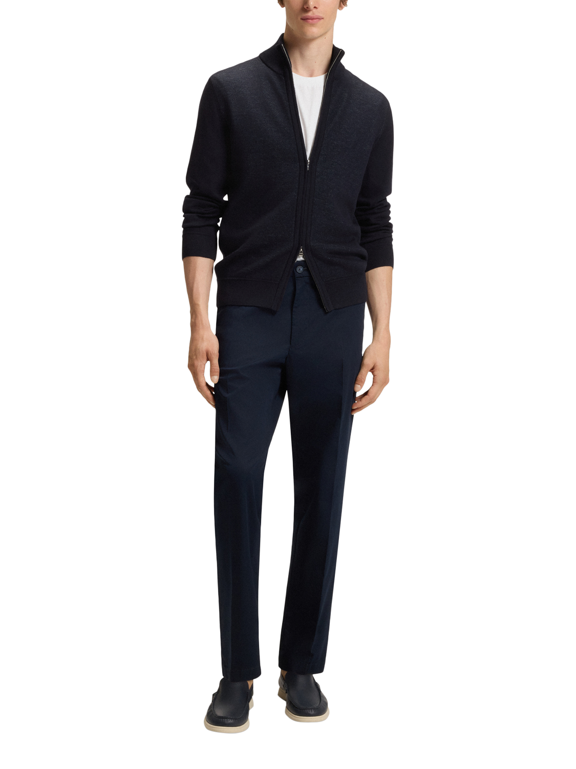 Product image 3 of 5, which shows BOSS Wool Zip-Through Funnel Neck Knit Jumper, Dark Blue, XL