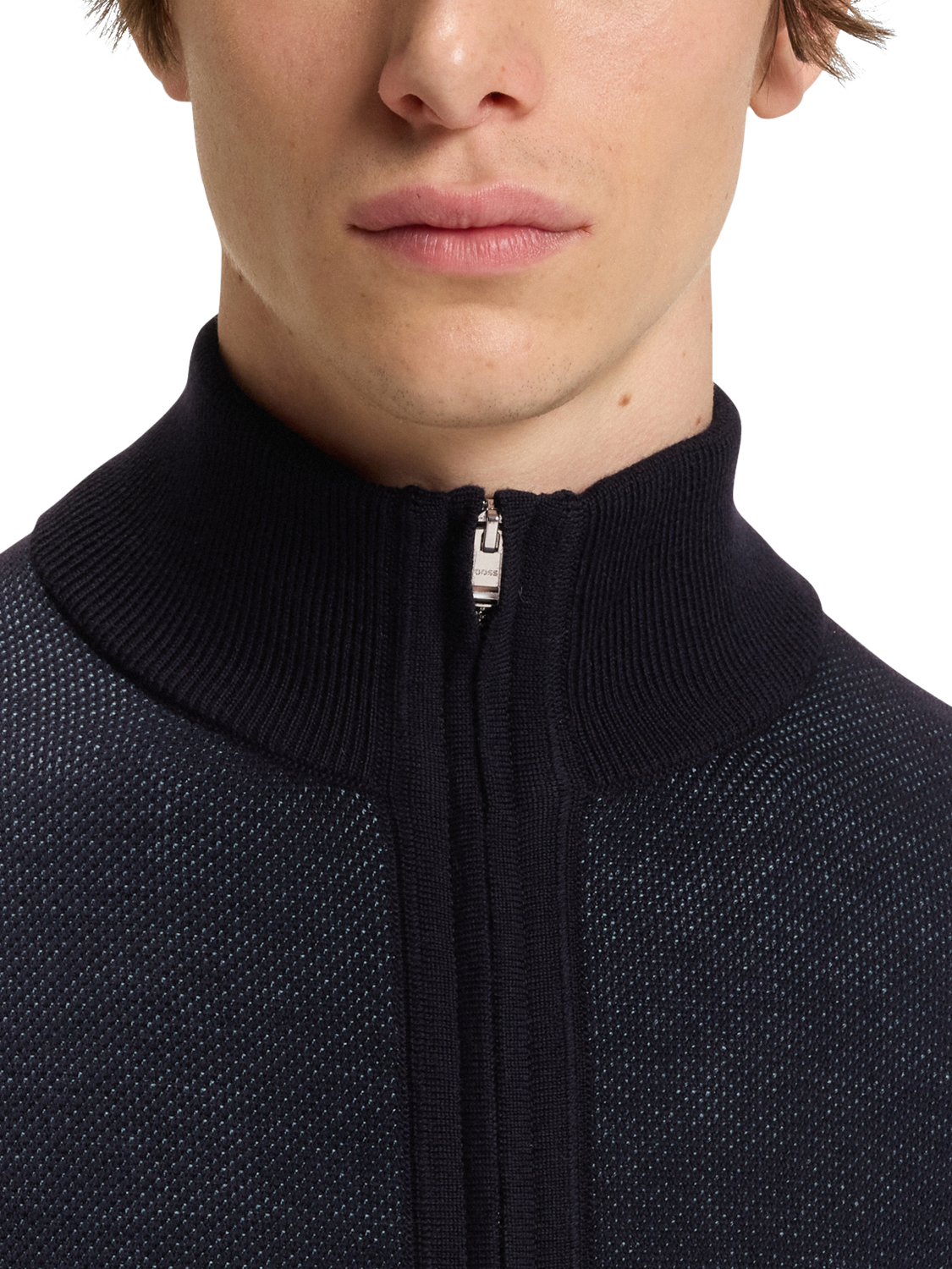 Product image 5 of 5, which shows BOSS Wool Zip-Through Funnel Neck Knit Jumper, Dark Blue, XL