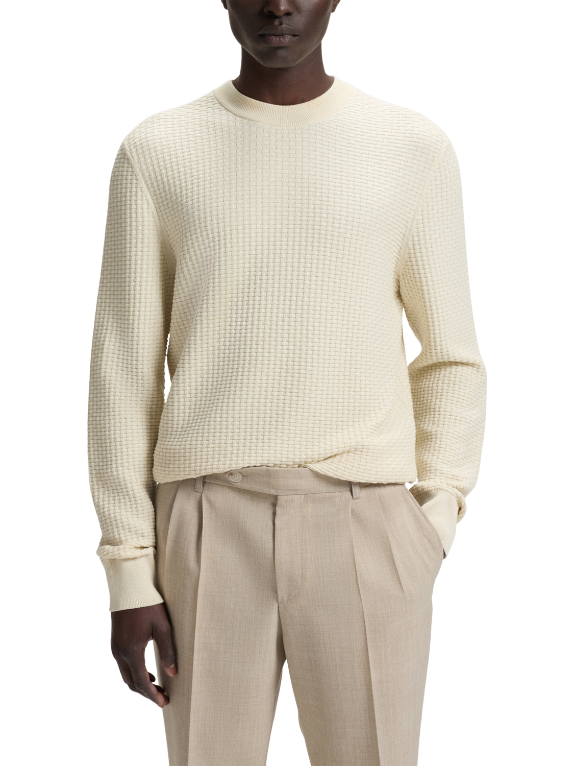 Product image 1 of 5, which shows HUGO BOSS BOSS Textured Cotton Jumper, White, L