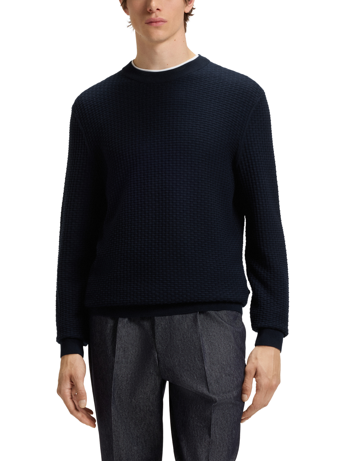 Product image 1 of 5, which shows HUGO BOSS BOSS Textured Cotton Jumper, Dark Blue, L