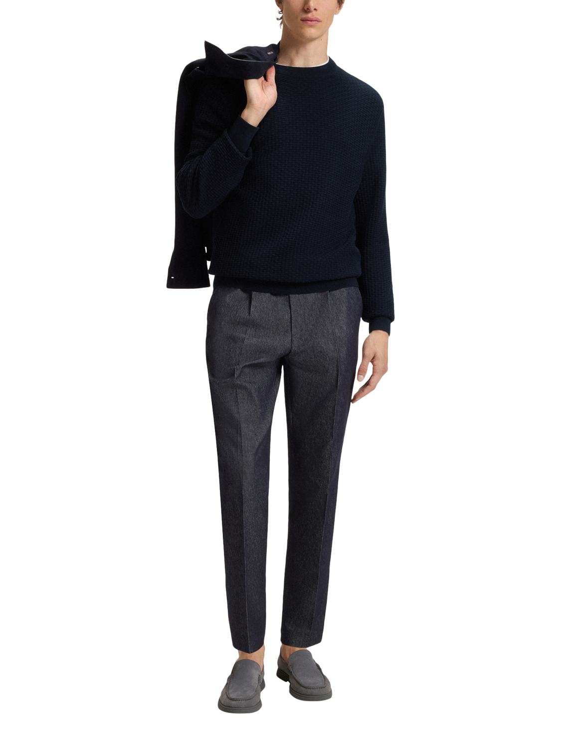 Product image 3 of 5, which shows HUGO BOSS BOSS Textured Cotton Jumper, Dark Blue, L