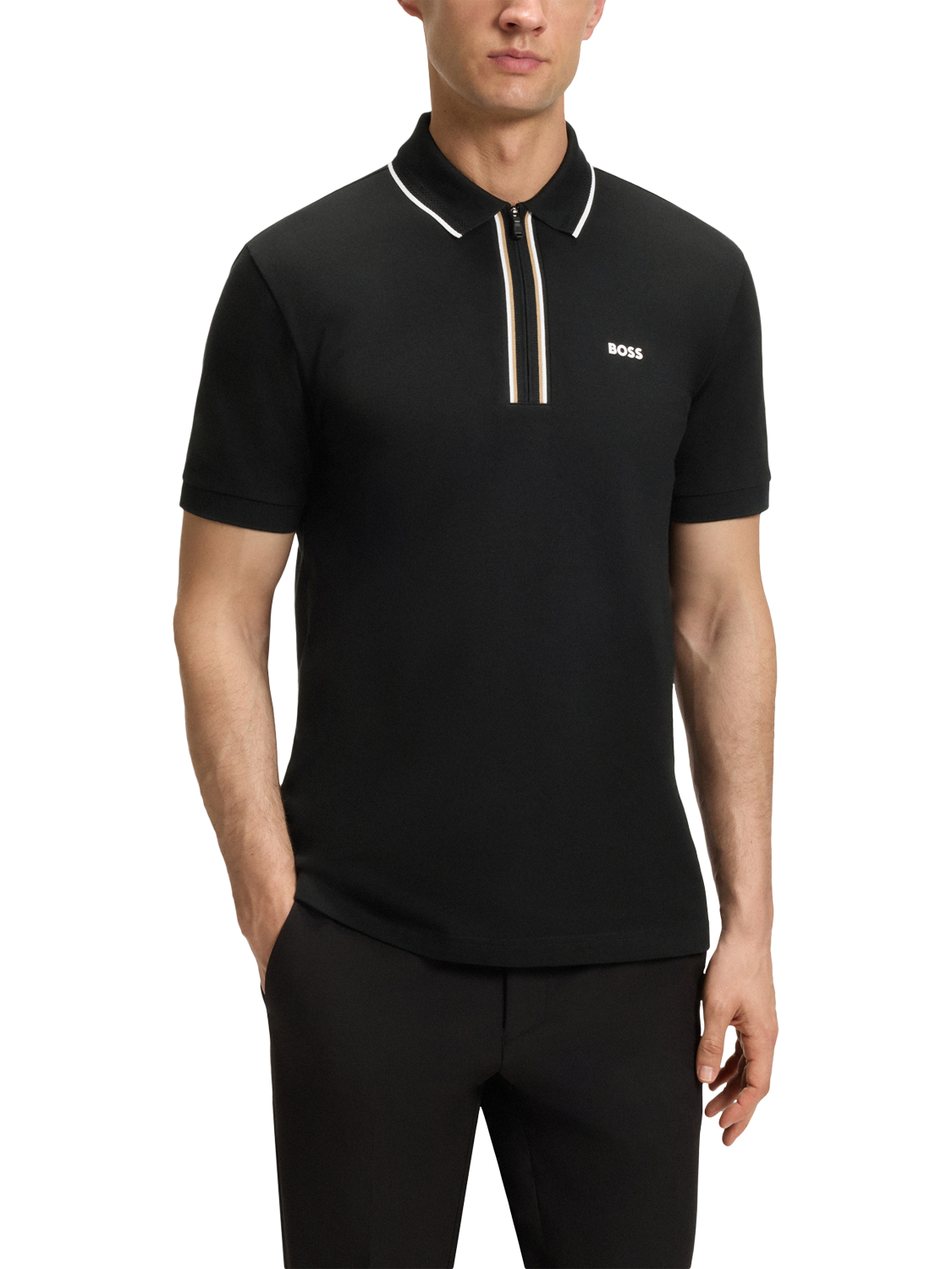 Product image 1 of 5, which shows BOSS Cotton Blend Slim Fit Short Sleeve TransDry Polo Shirt, Black/Multi, M