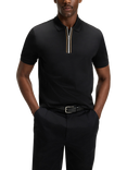 BOSS Pure Cotton Short Sleeve Zip Neck Polo Shirt, Black/Multi