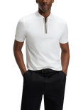 BOSS Pure Cotton Short Sleeve Zip Neck Polo Shirt, White/Multi