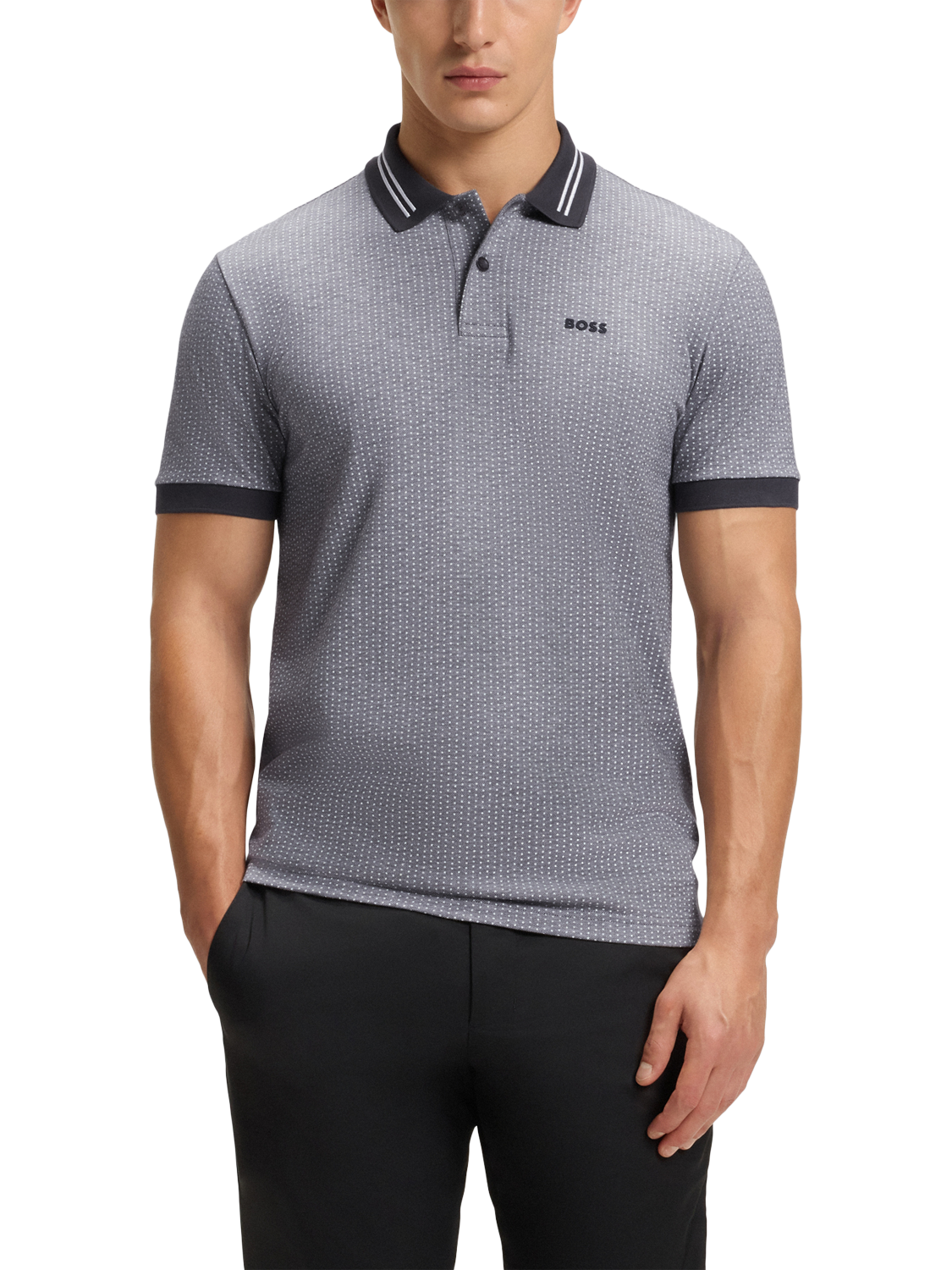 Product image 1 of 4, which shows BOSS Cotton Regular Fit Short Sleeve Polo Shirt, Grey/Multi, S