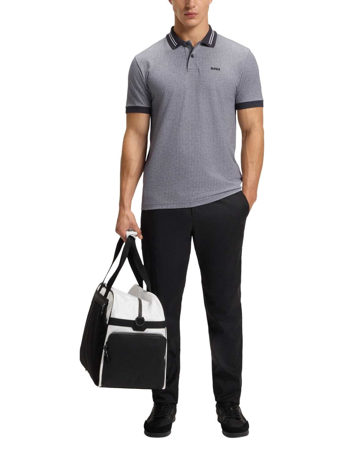 Product image 3 of 4, which shows BOSS Cotton Regular Fit Short Sleeve Polo Shirt, Grey/Multi, S