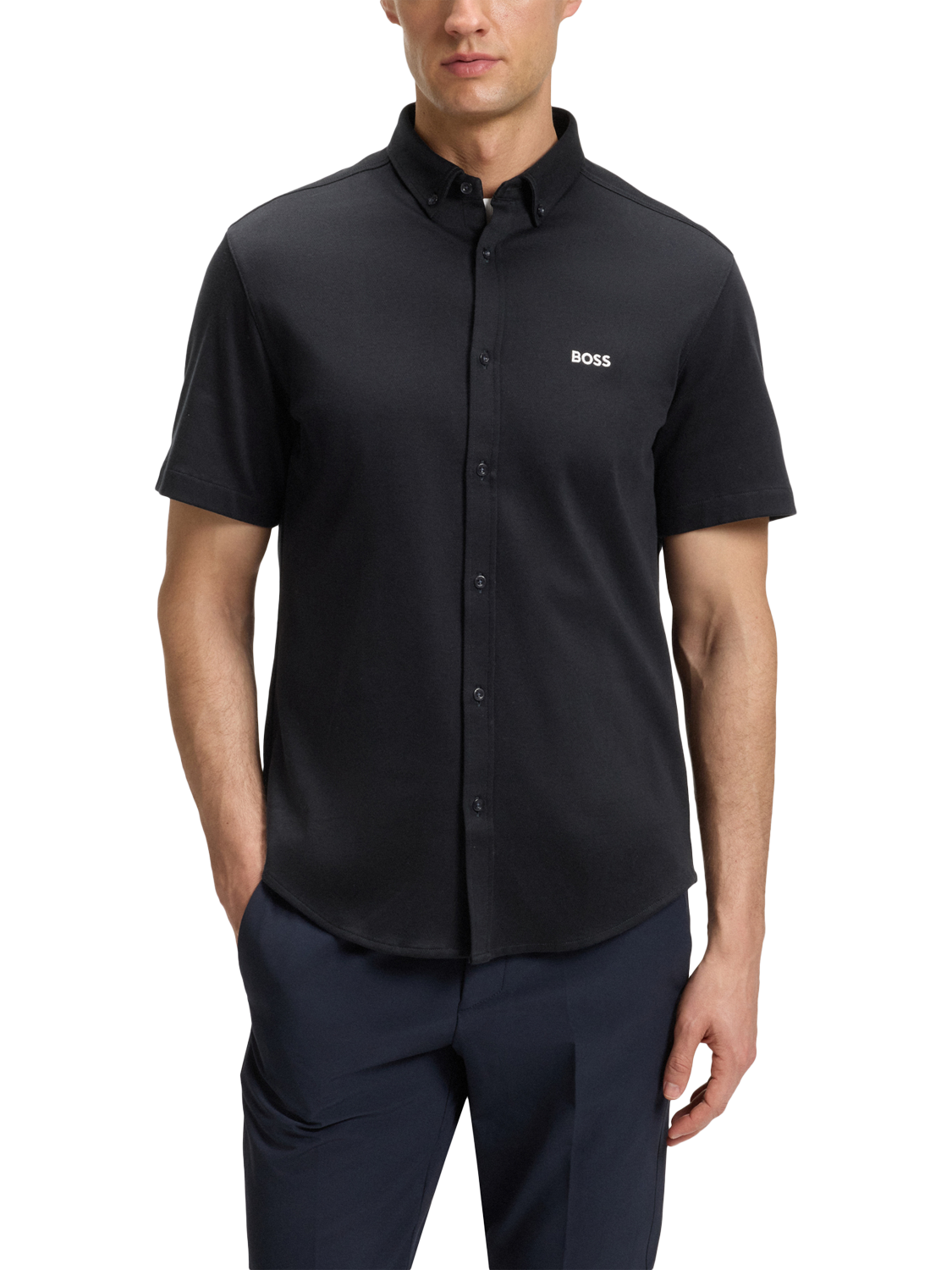 Product image 1 of 5, which shows HUGO BOSS BOSS Logo Short Sleeve Cotton Shirt, Dark Blue, M