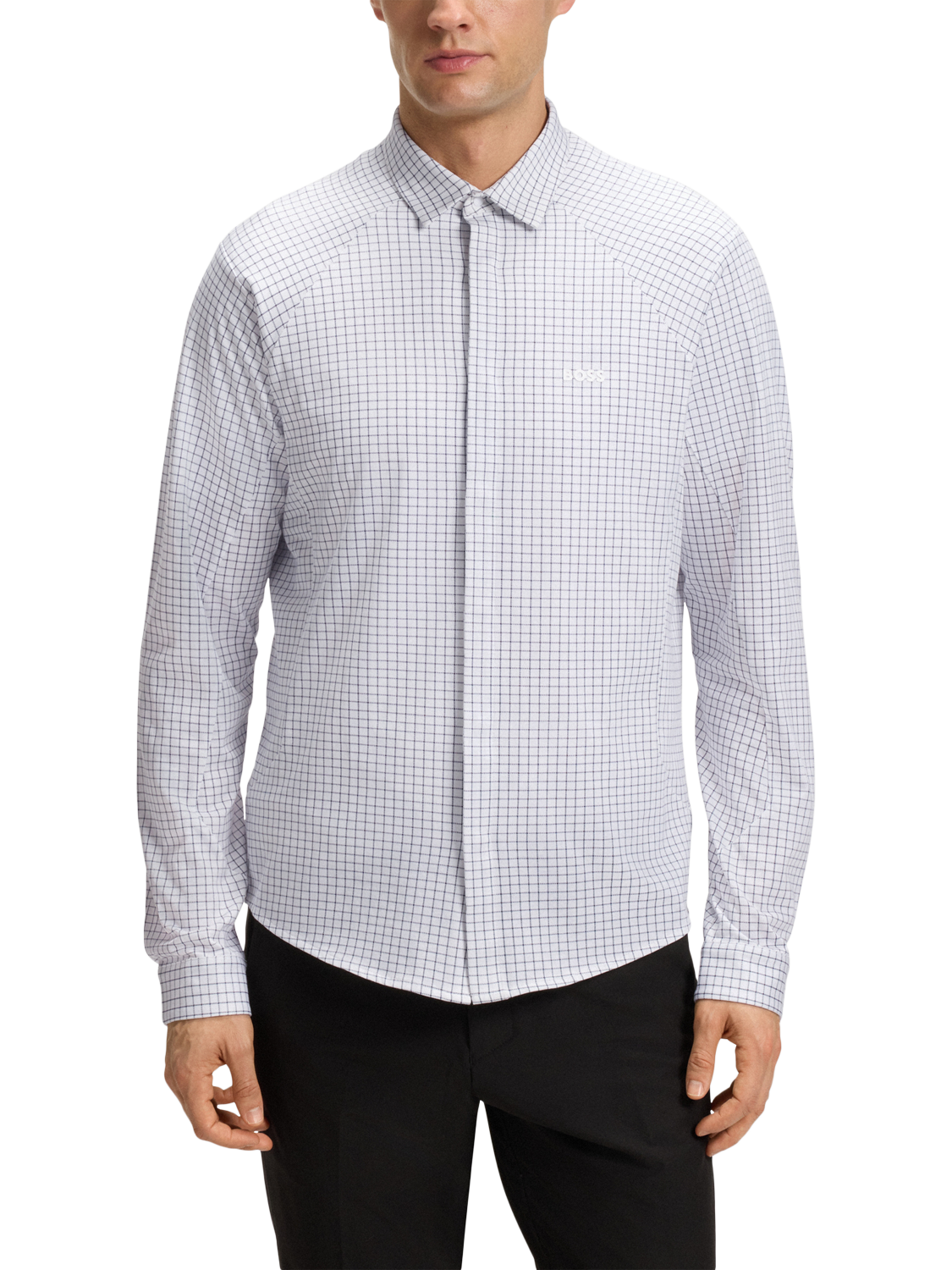 Product image 1 of 6, which shows BOSS 4-Way Stretch Cotton Regular Fit Check Shirt, Natural, M