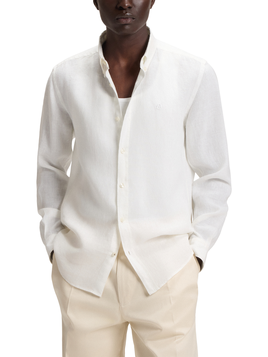 Product image 1 of 6, which shows BOSS Slim Fit Linen Shirt, White, L