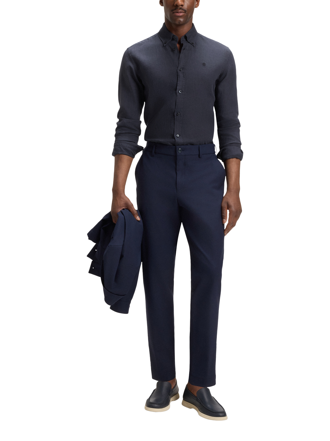 Product image 3 of 6, which shows BOSS Slim Fit Linen Shirt, Dark Blue, S