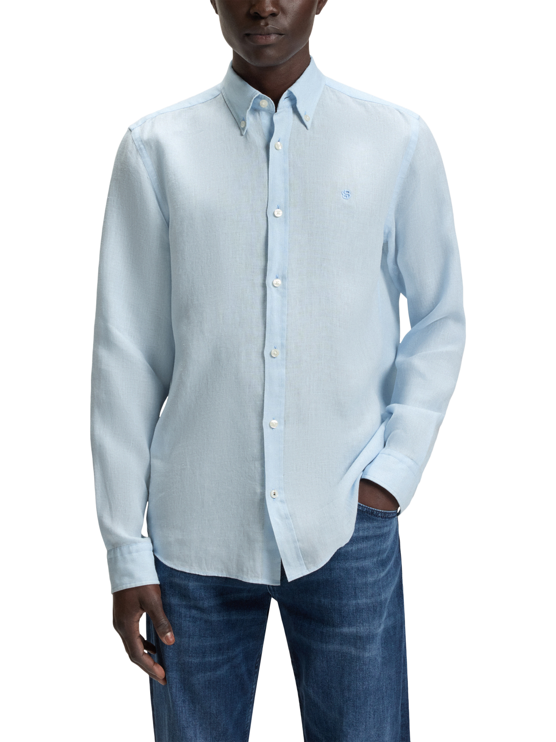 Product image 1 of 6, which shows HUGO BOSS BOSS Button Down Collar Linen Shirt, Light Blue, L