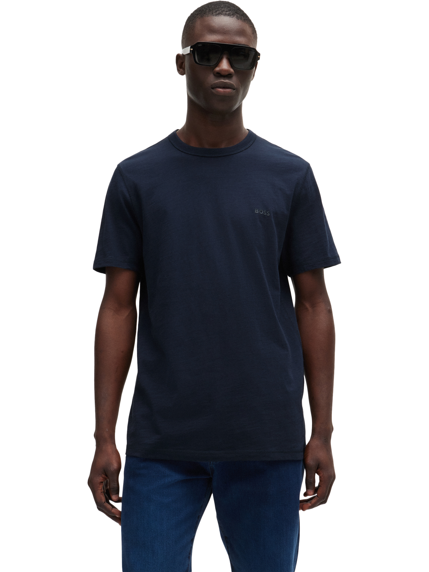 Product image 1 of 5, which shows BOSS Cotton Regular Fit Short Sleeve Plain Logo T-Shirt, Dark Blue, M