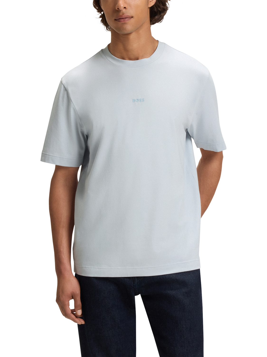 Product image 1 of 5, which shows BOSS Cotton Blend Loose Fit Logo T-Shirt, Light Grey, M