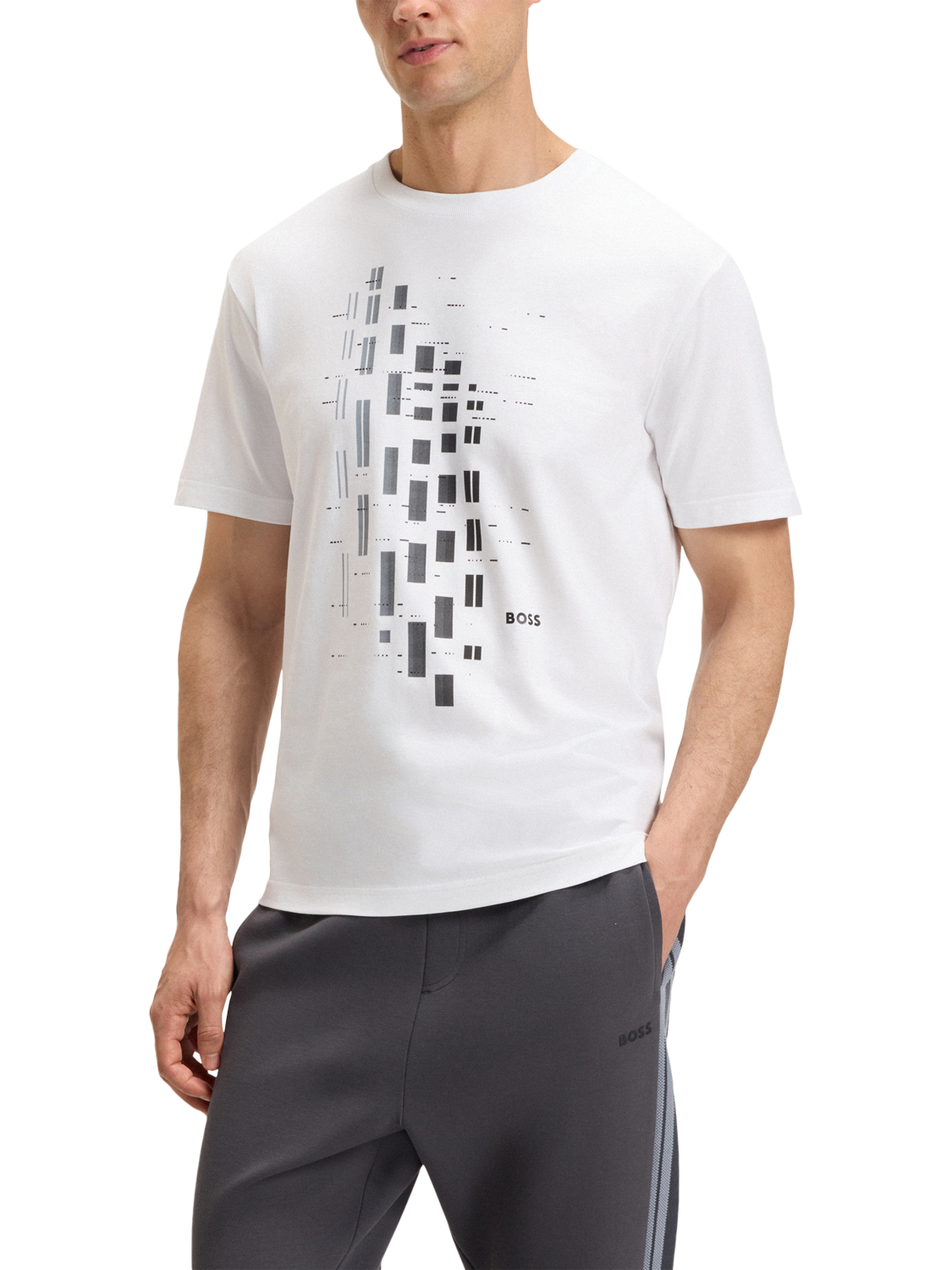 Product image 1 of 6, which shows BOSS Cotton Blend Regular Fit Short Sleeve Geometric Graphic T-Shirt, White/Multi, S