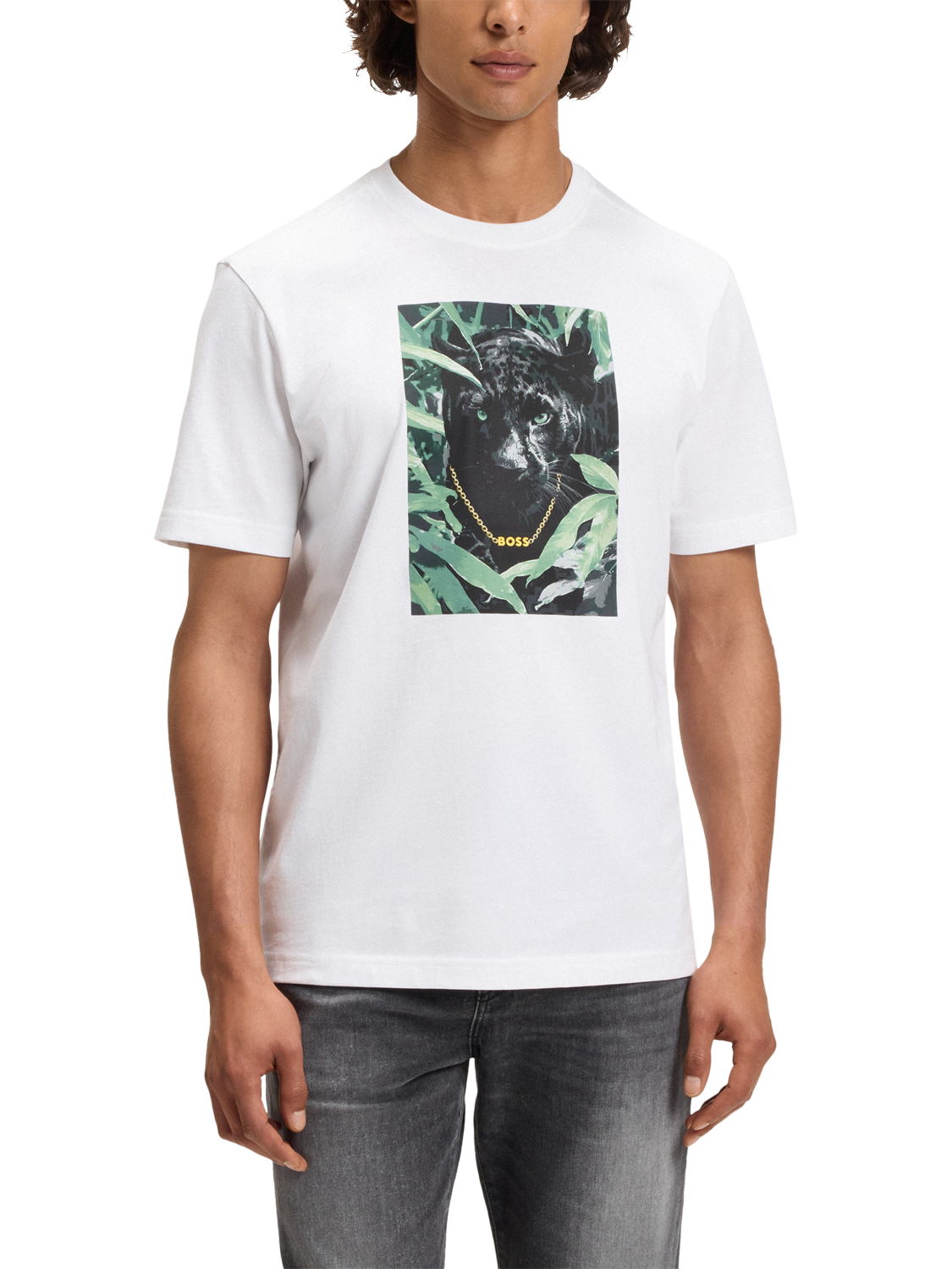 Product image 1 of 5, which shows BOSS Cotton Regular Fit Short Sleeve Panther Graphic T-Shirt, White/Multi, L