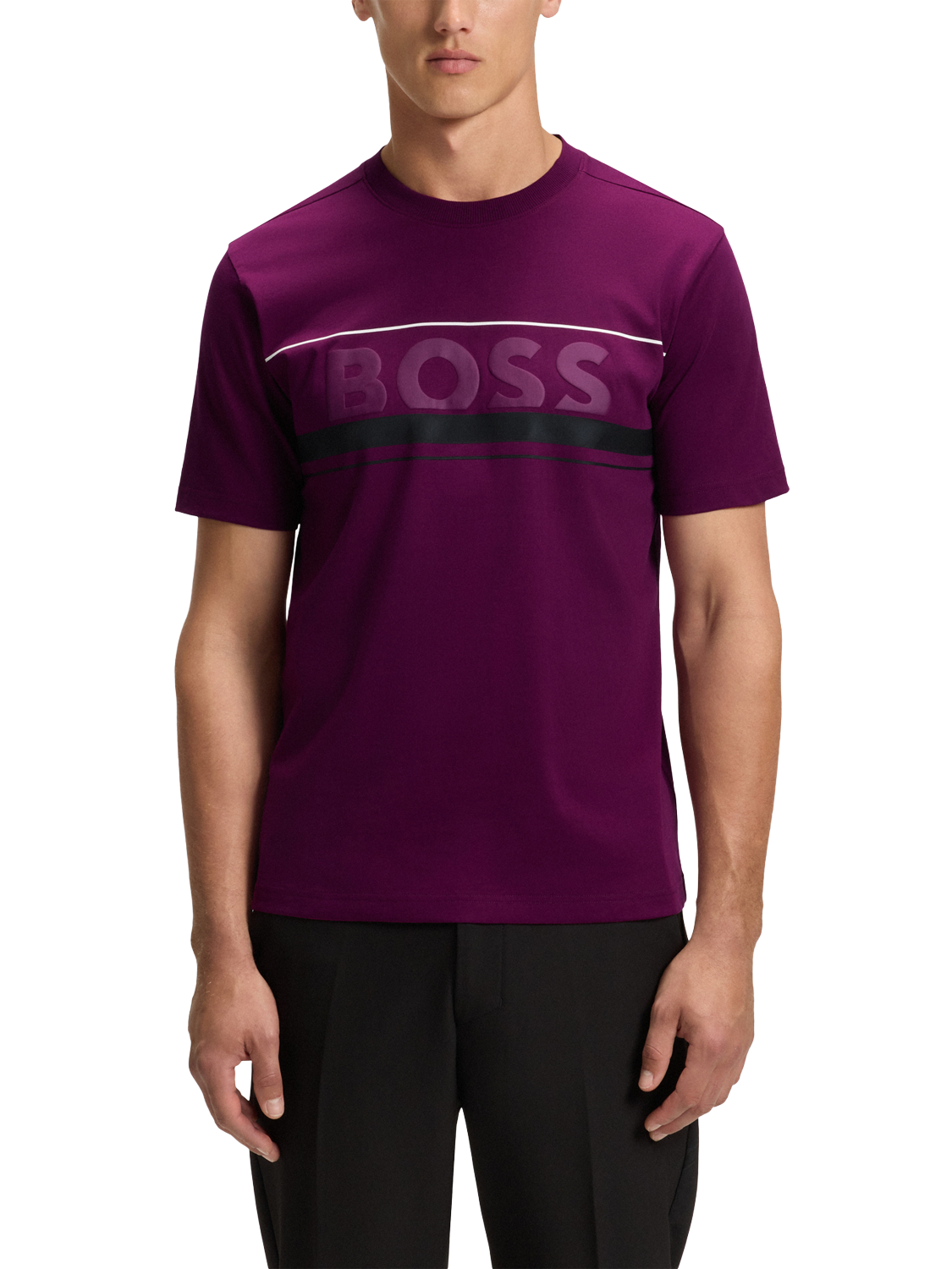 Product image 1 of 5, which shows HUGO BOSS BOSS Printed Stripe Cotton T-Shirt, Bright Pink, S
