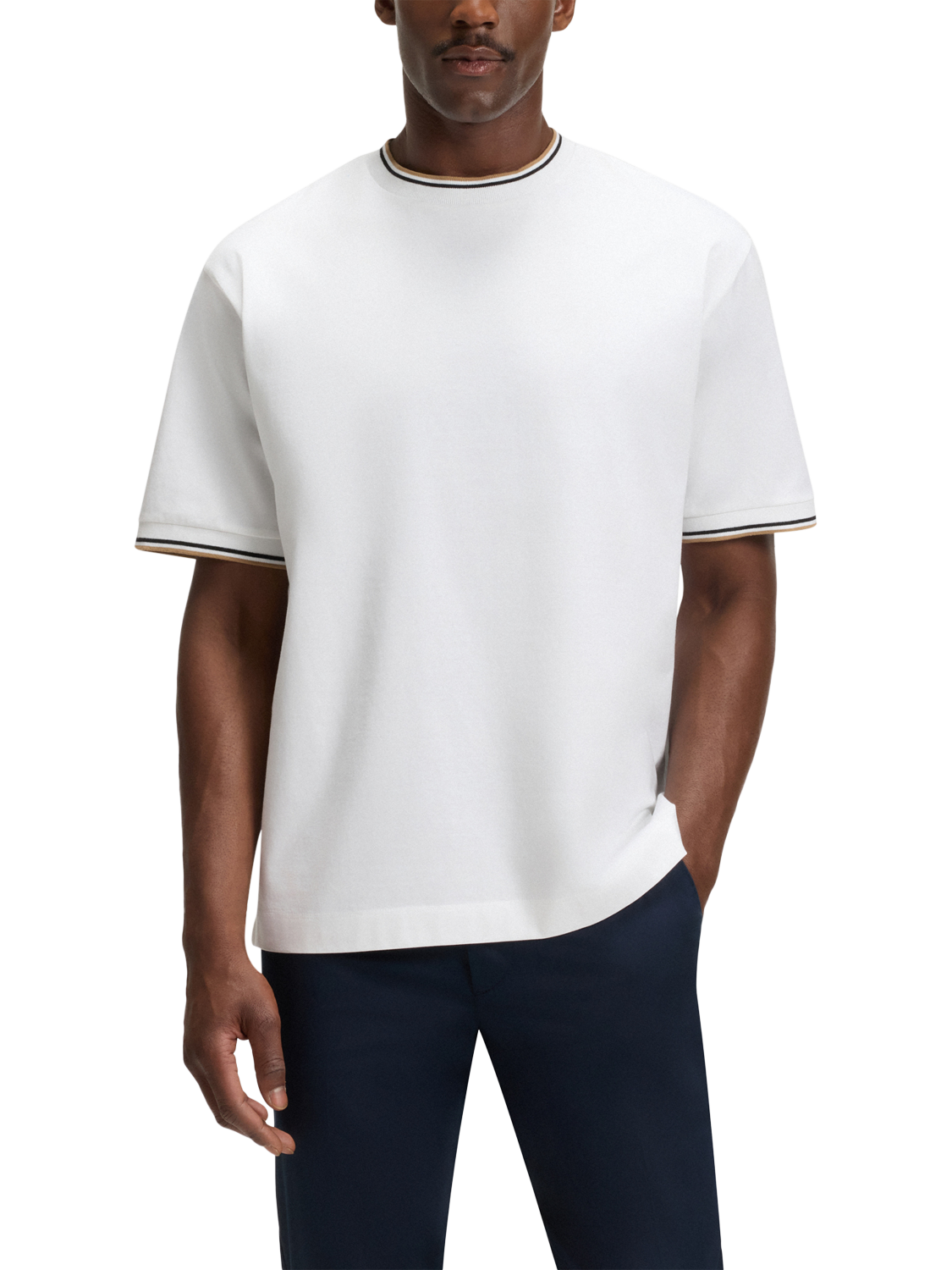 Product image 1 of 5, which shows BOSS Cotton Regular Fit Short Sleeve Ringer T-Shirt, White, S
