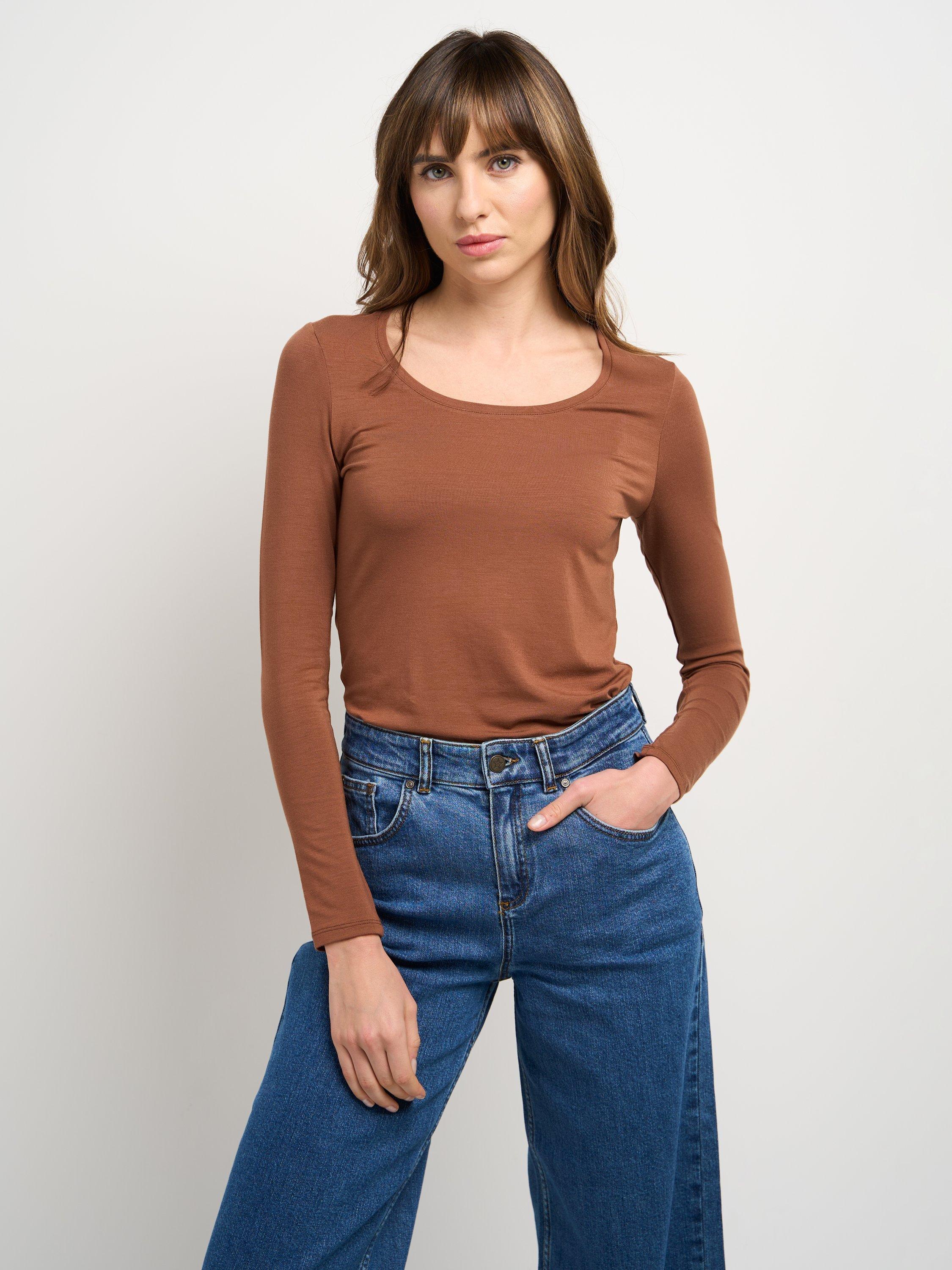 Product image 1 of 3, which shows Celtic & Co. Silky Scoop Neck Top, Light Chocolate, 10