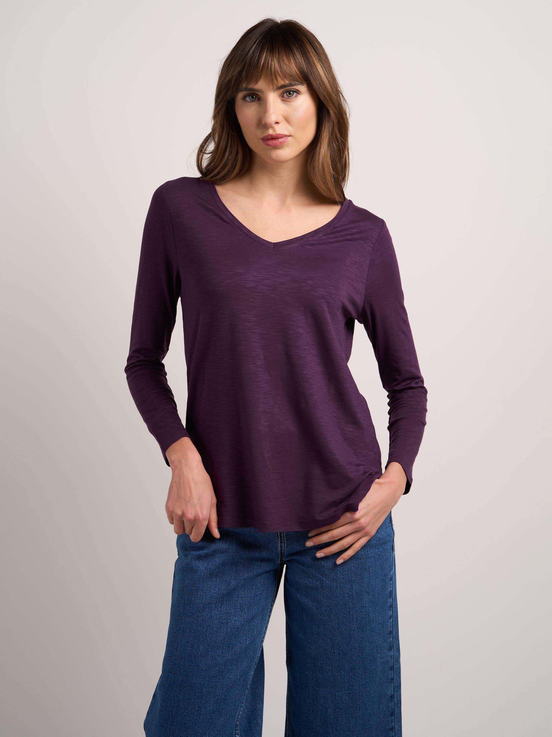Product image 1 of 3, which shows Celtic & Co. Valentina Curved Hem Jersey Top, Plum Purple, 8