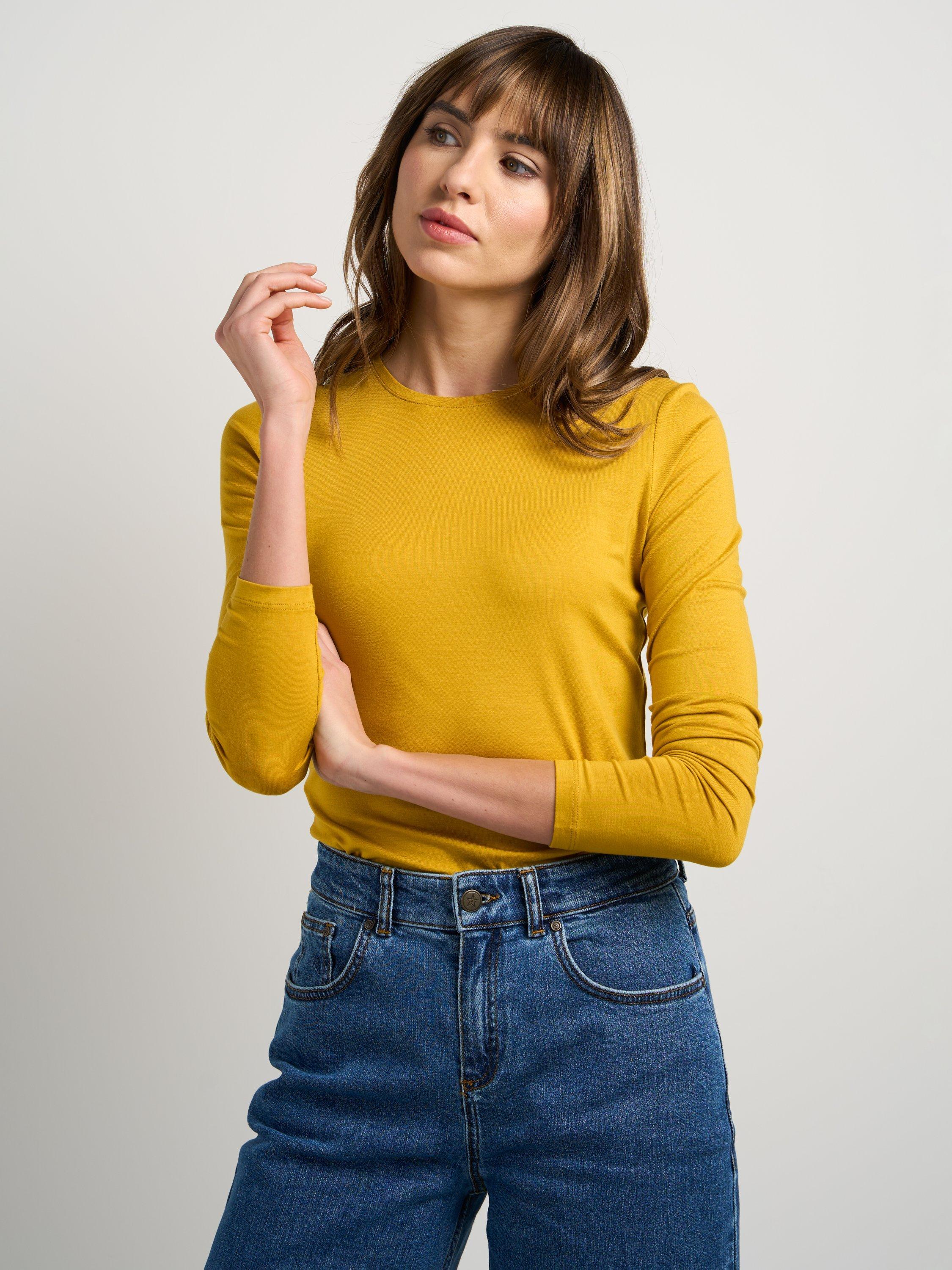 Product image 1 of 3, which shows Celtic & Co. Silky Crew Neck Top, Mustard, 8