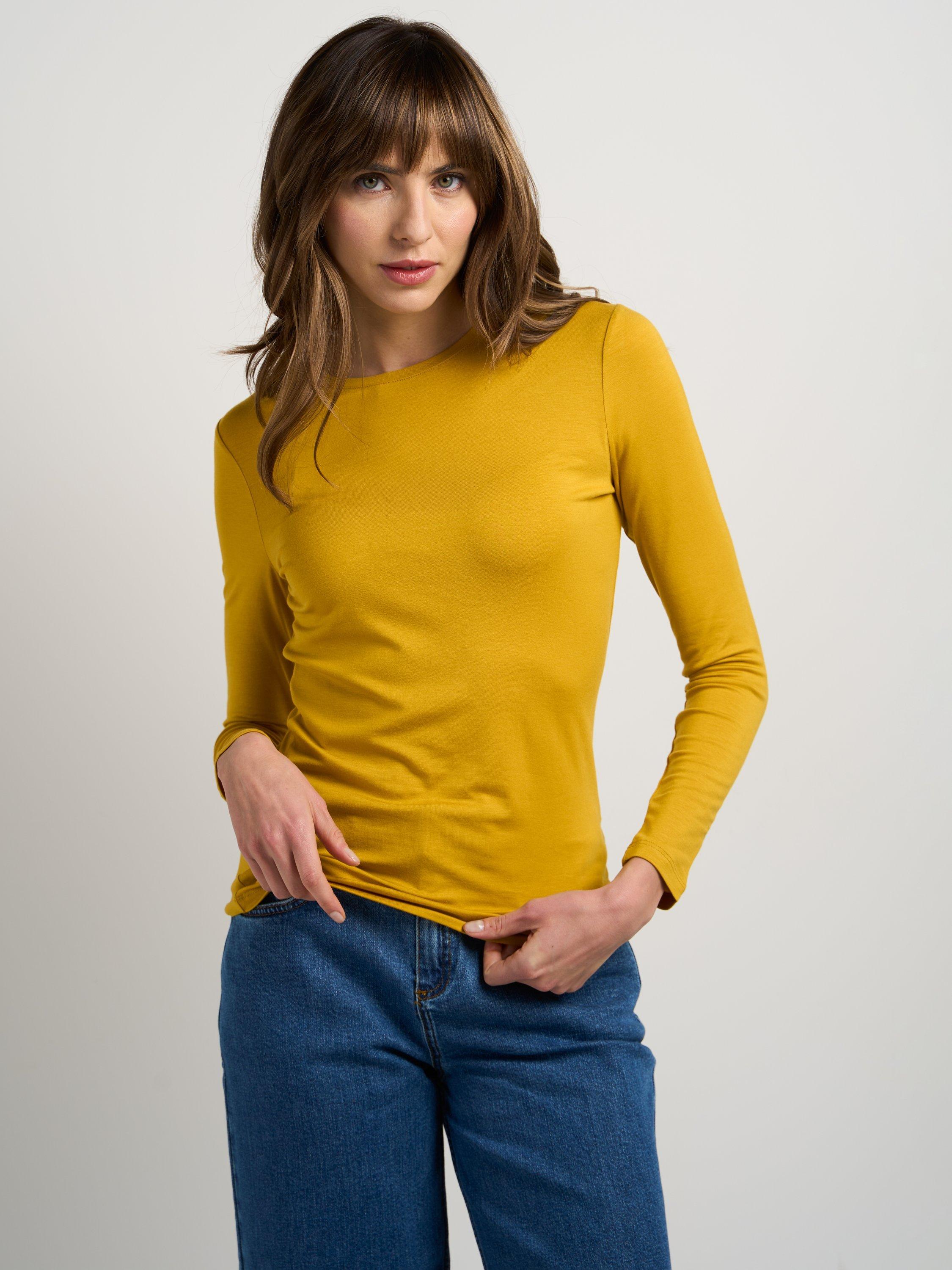 Product image 3 of 3, which shows Celtic & Co. Silky Crew Neck Top, Mustard, 8