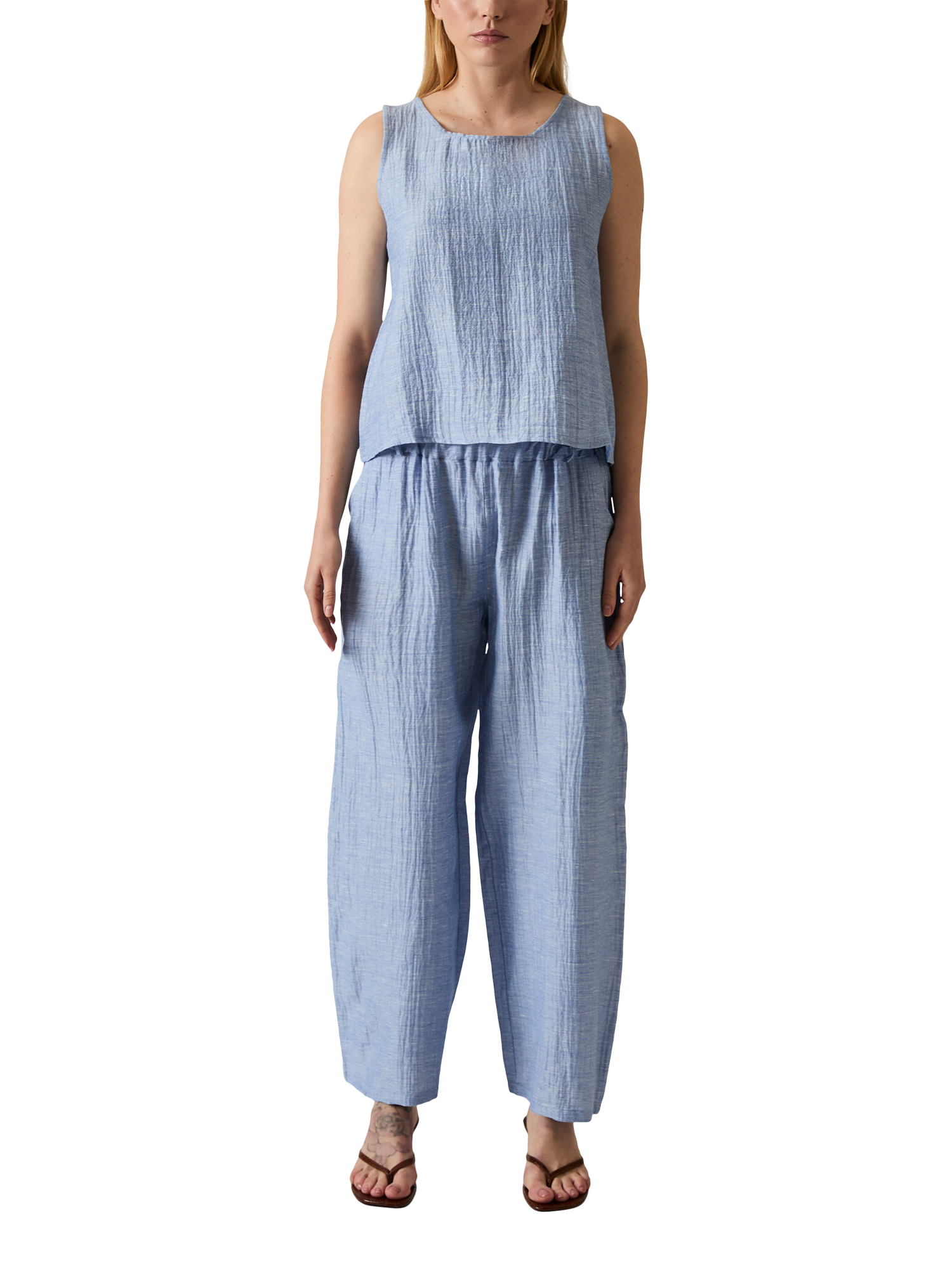 Product image 1 of 7, which shows James Lakeland Back Button Linen Rich Sleeveless Top, Pale Blue, 8