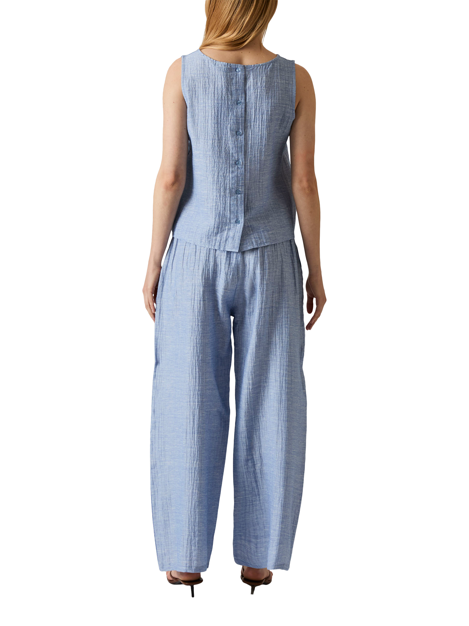 Product image 2 of 7, which shows James Lakeland Back Button Linen Rich Sleeveless Top, Pale Blue, 8