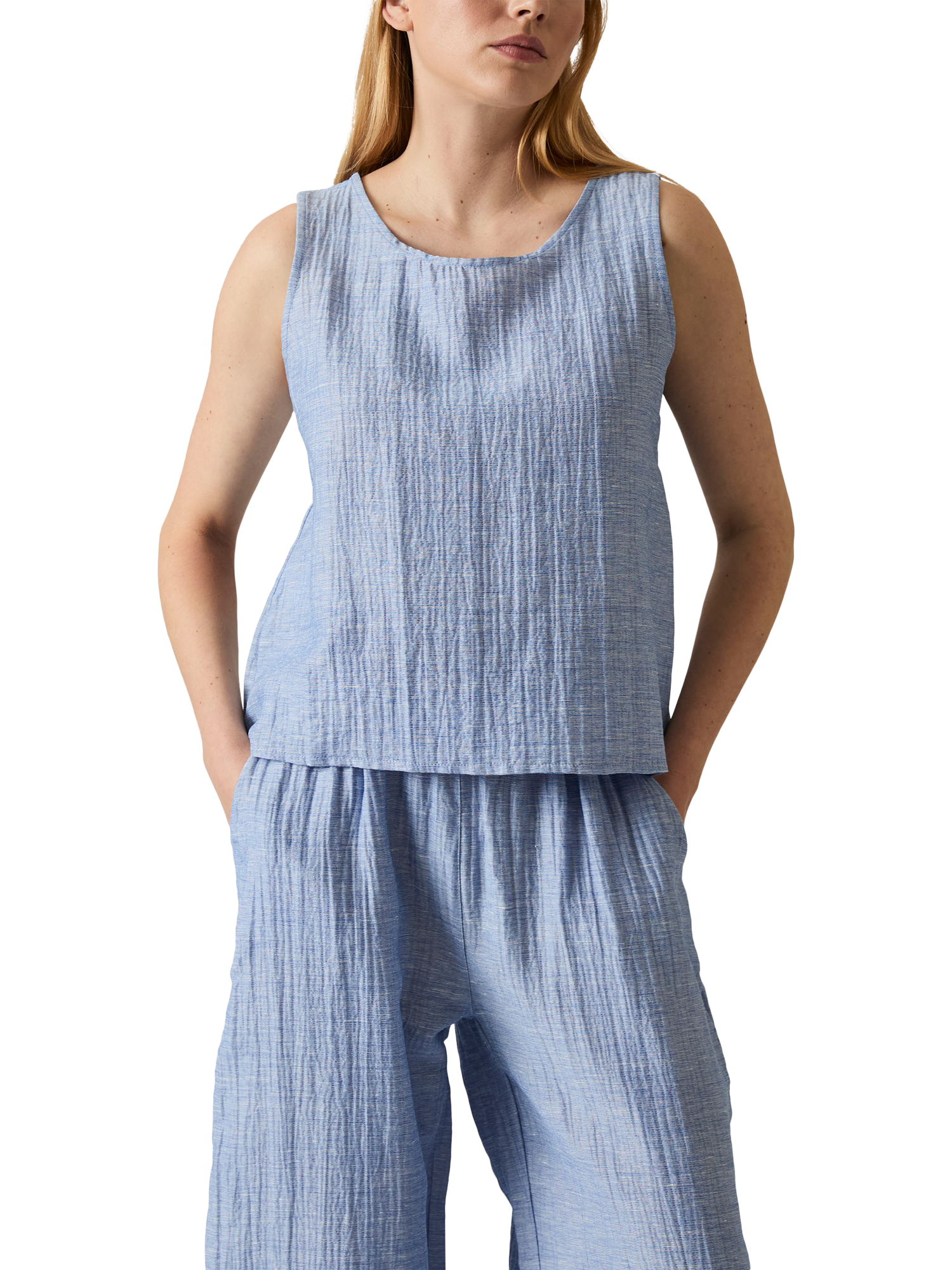 Product image 3 of 7, which shows James Lakeland Back Button Linen Rich Sleeveless Top, Pale Blue, 8