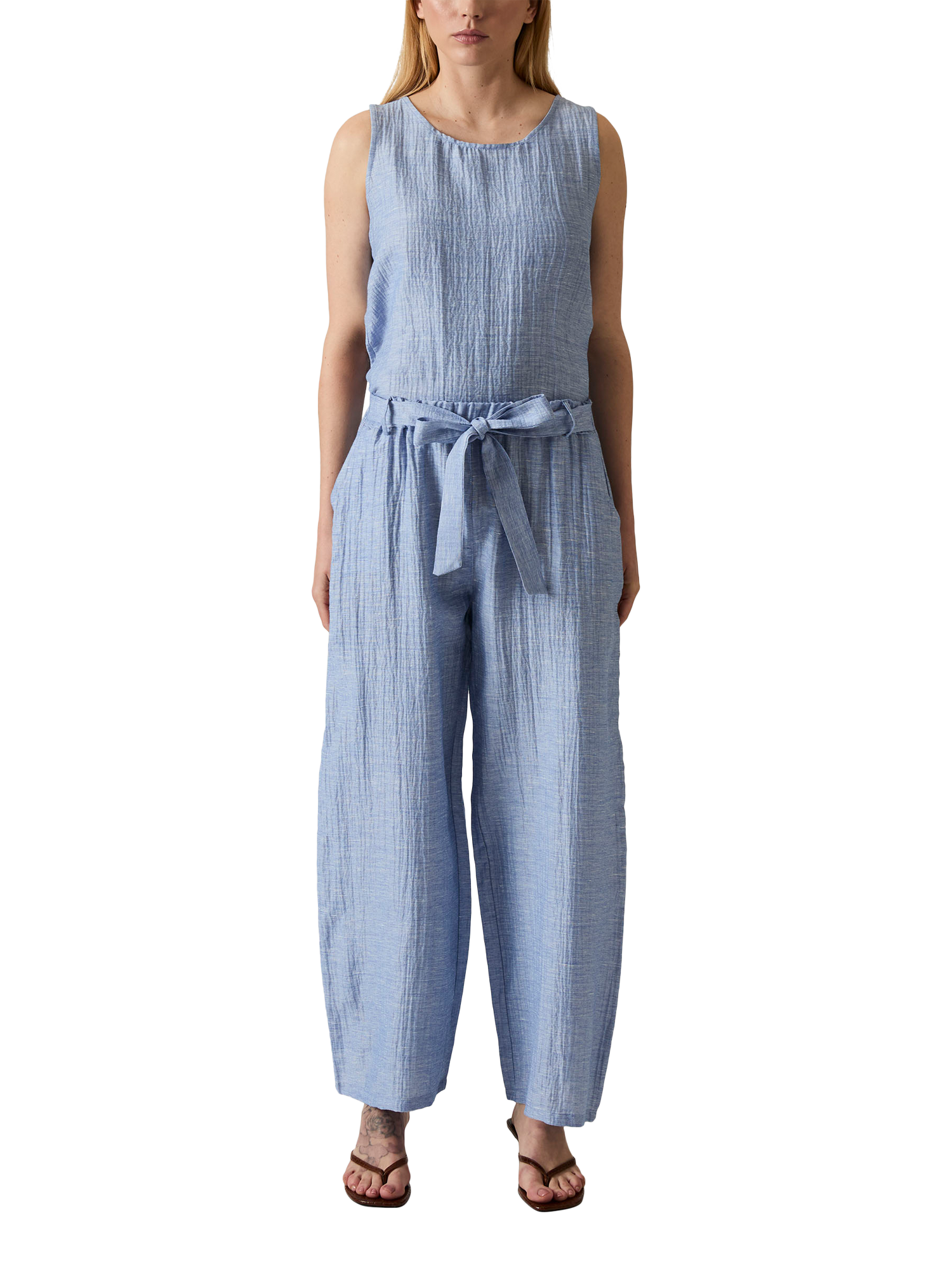 Product image 1 of 6, which shows James Lakeland Belted Crinkle Trousers, Pale Blue, 8