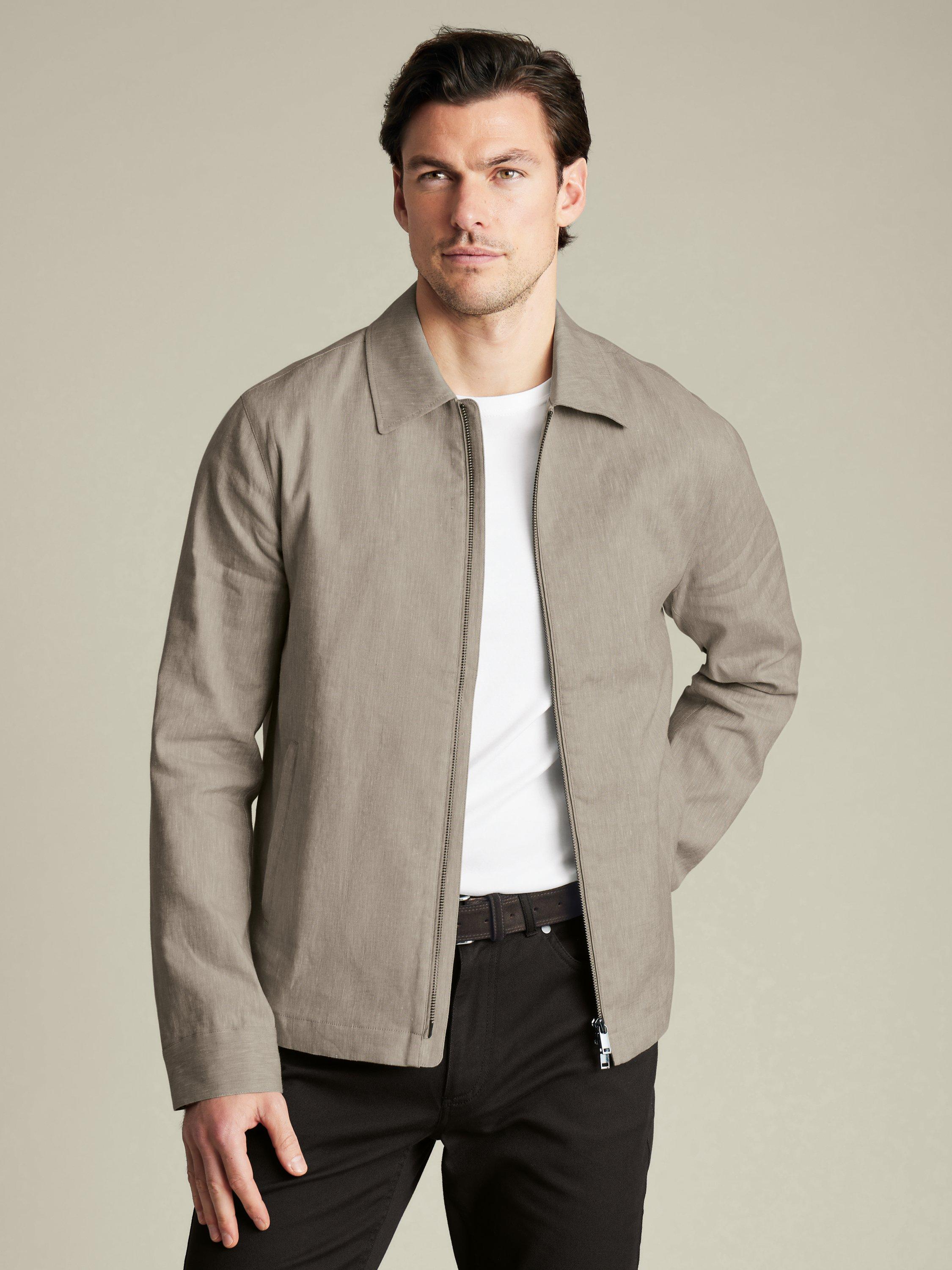 Product image 1 of 4, which shows Charles Tyrwhitt Linen Cotton Blend Harrington Jacket, Limestone, S