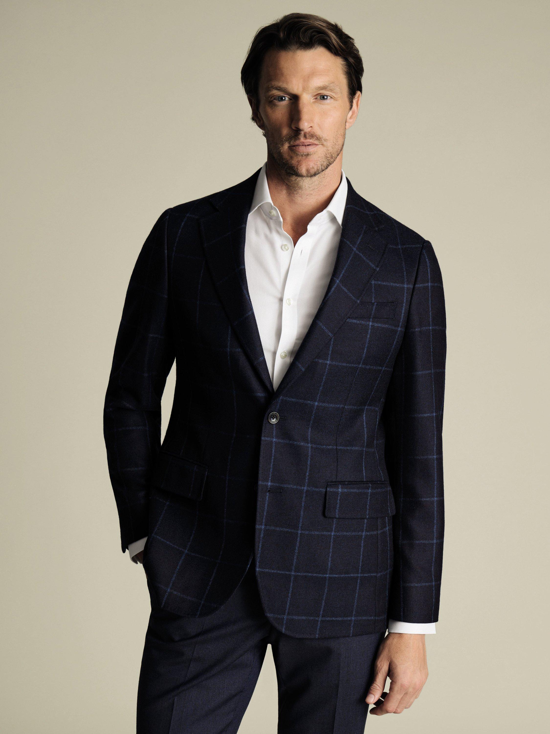 Product image 1 of 4, which shows Charles Tyrwhitt Classic Fit Check Wool Blazer, Navy, L