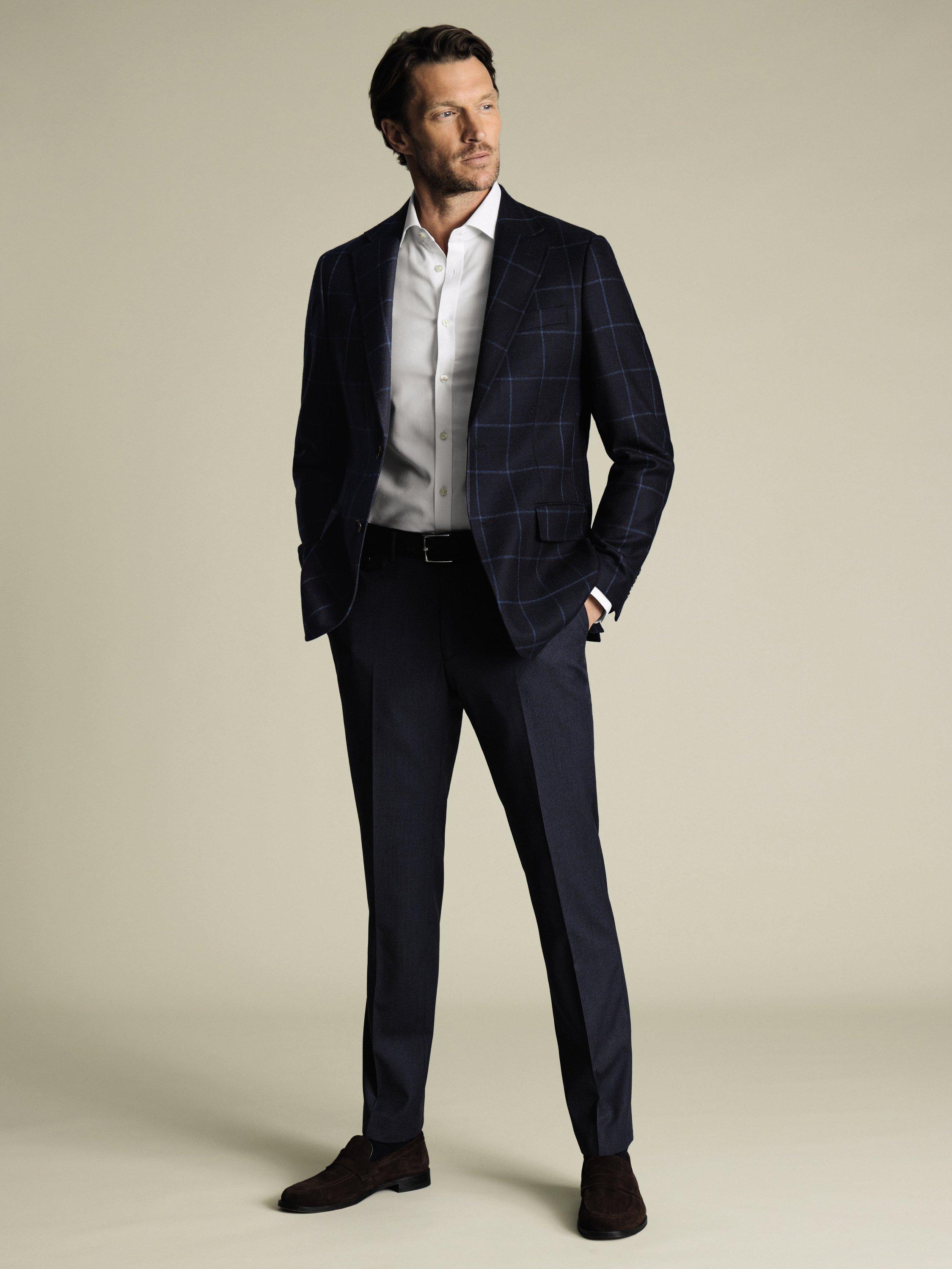 Product image 4 of 4, which shows Charles Tyrwhitt Classic Fit Check Wool Blazer, Navy, L