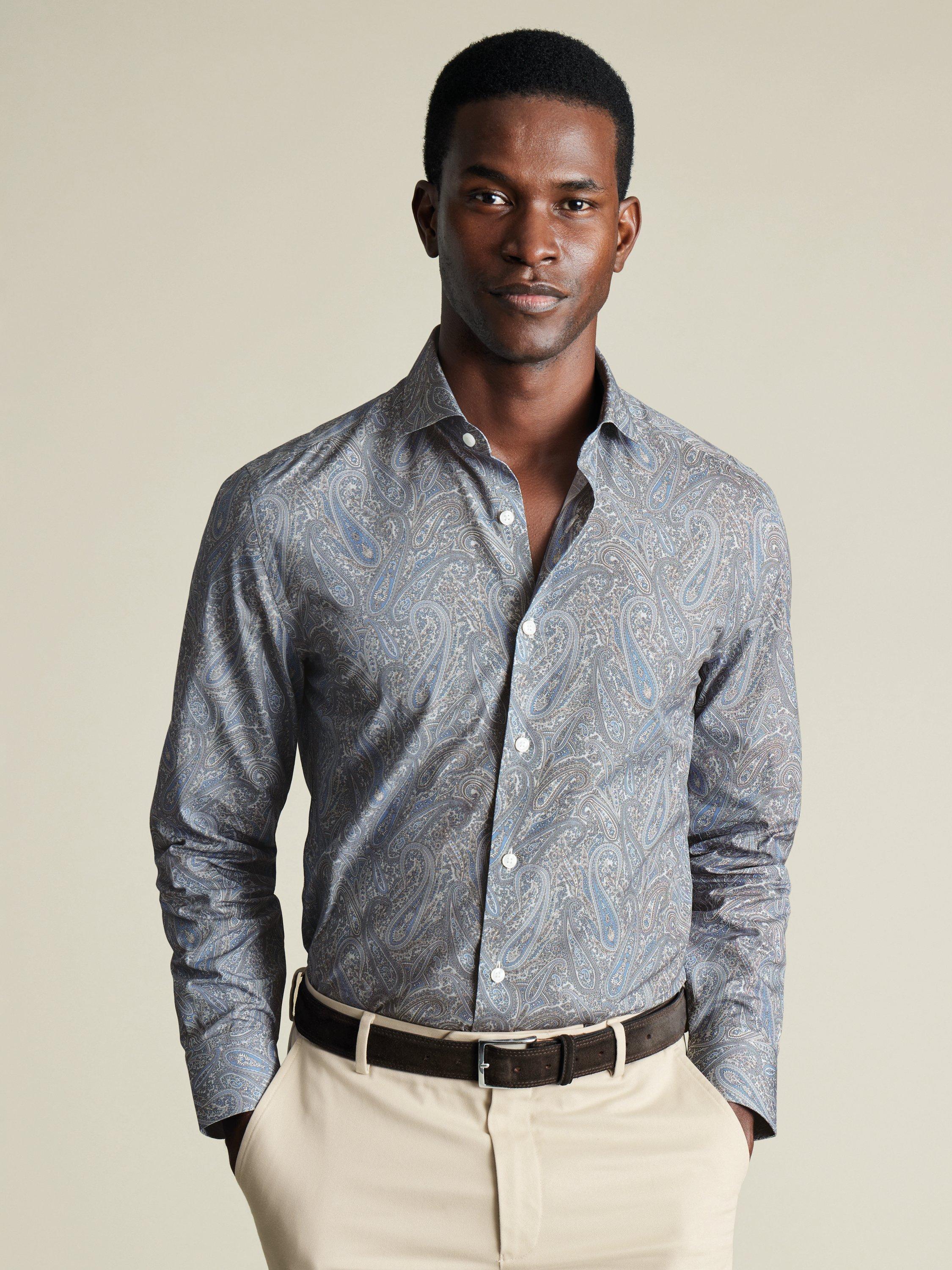 Charles Tyrwhitt Cotton Slim Fit Paisley Cutaway Collar Shirt, Mid Blue