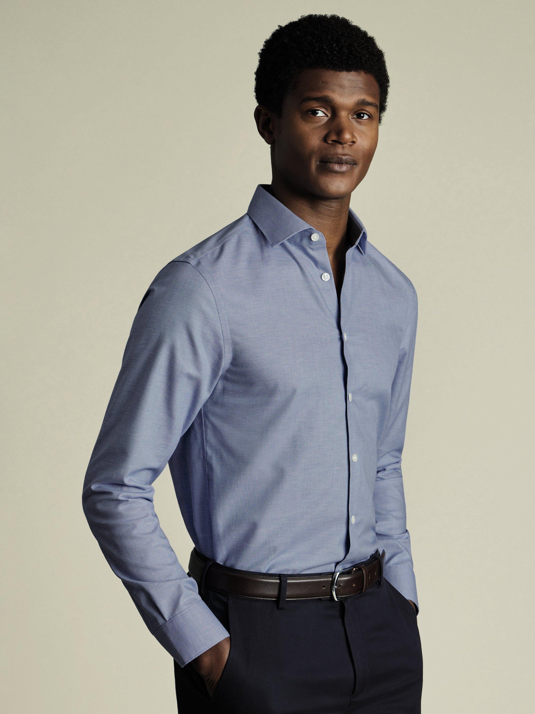 Charles Tyrwhitt Non-Iron Cotton Linen Plain Slim Fit Shirt, Cornflower Blue