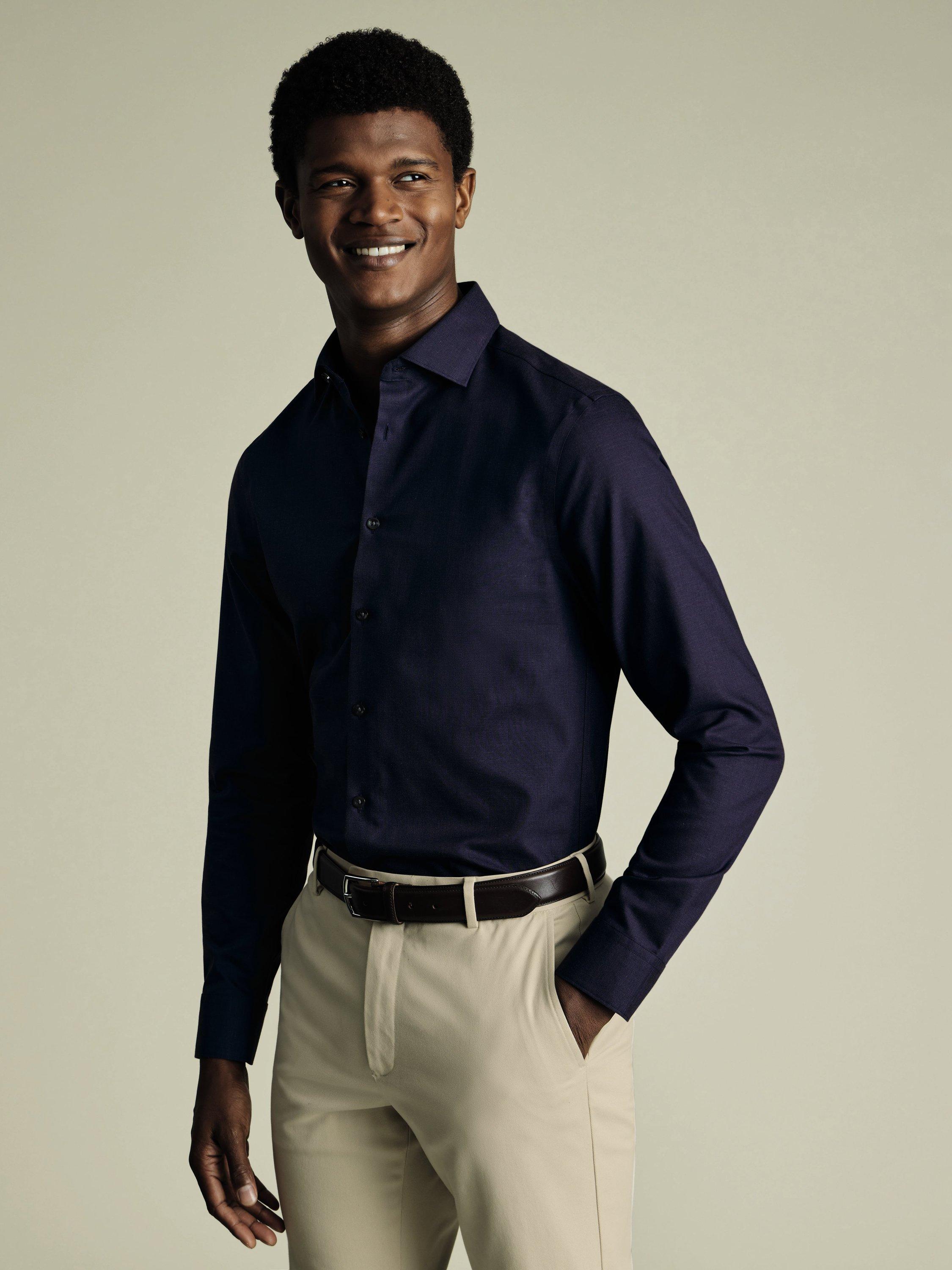 Charles Tyrwhitt Non-Iron Cotton Linen Plain Slim Fit Shirt, Ink Blue