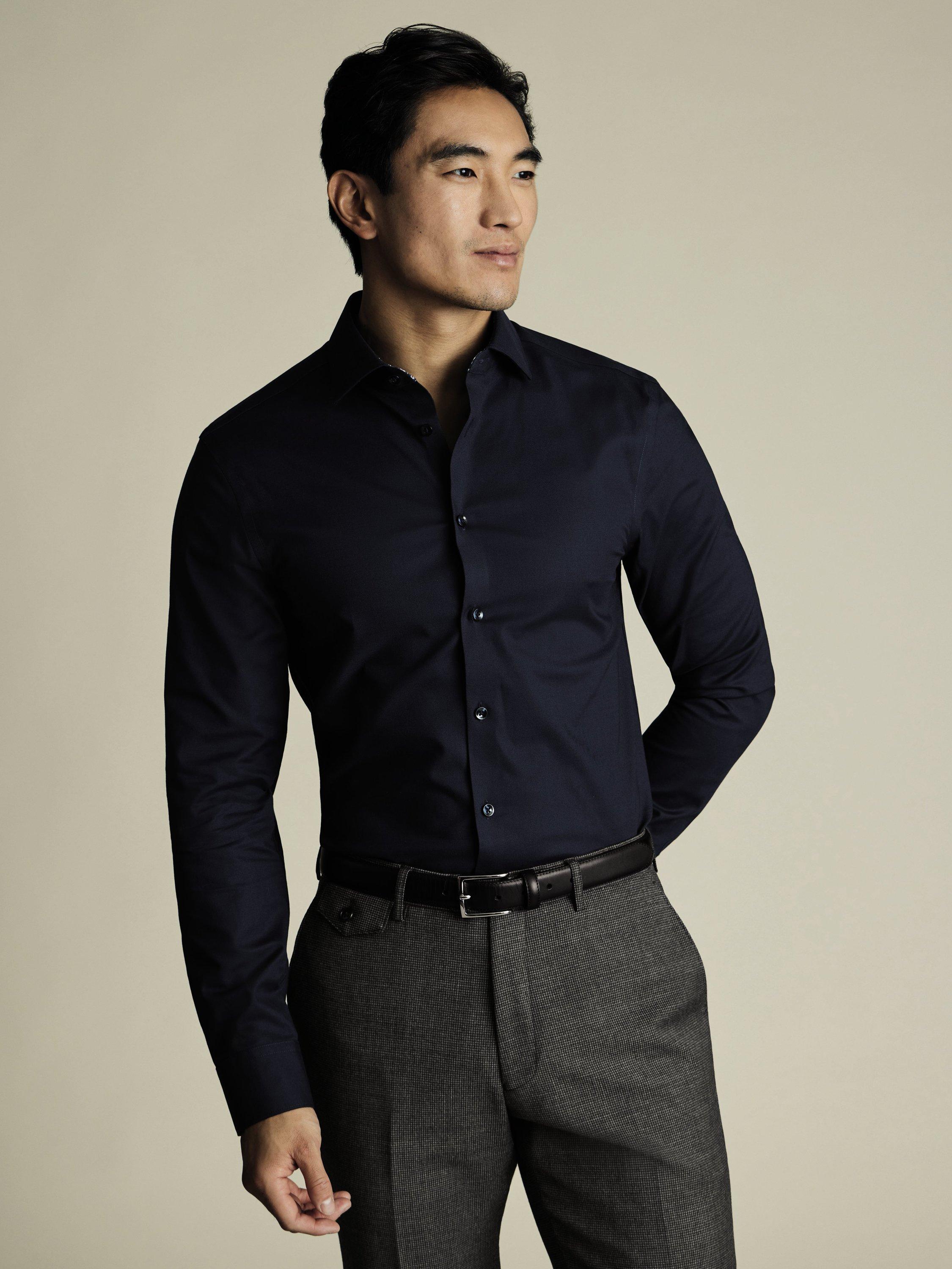 Charles Tyrwhitt Non-Iron Cotton Slim Fit Cutaway Collar Shirt, Navy