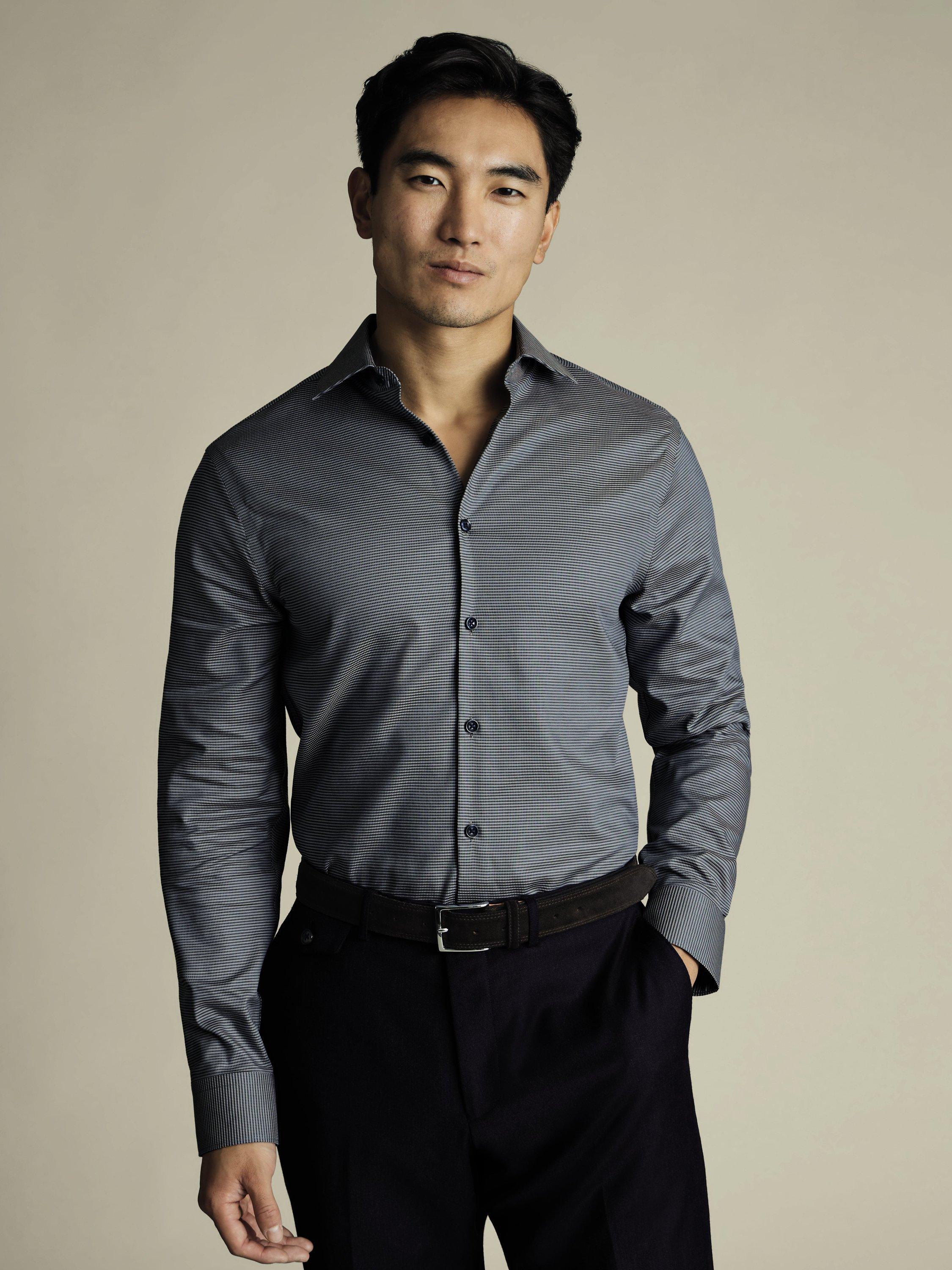 Charles Tyrwhitt Non-Iron Cotton Slim Fit Geometric Semi-Cutaway Collar Shirt, Charcoal Grey