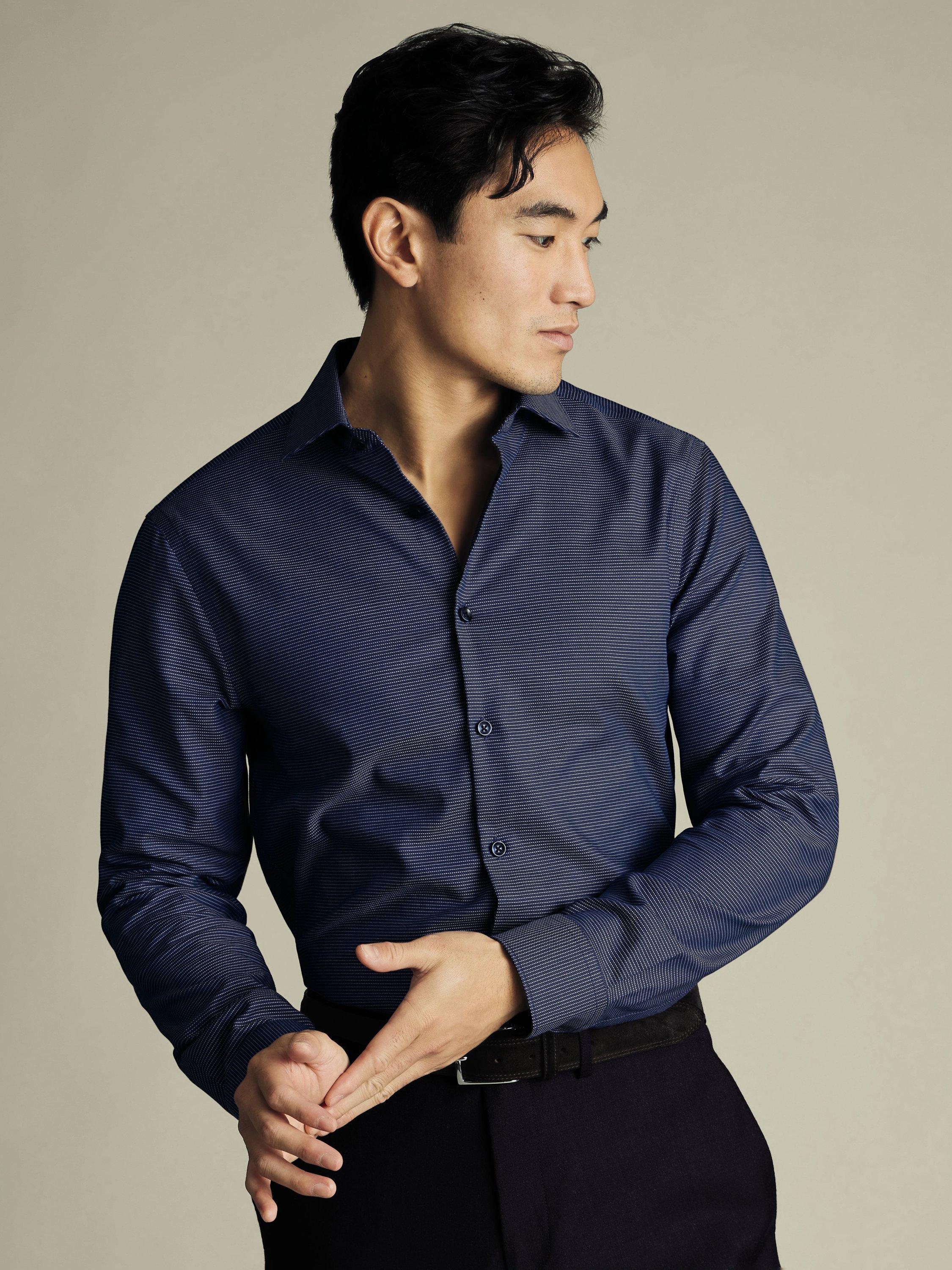 Charles Tyrwhitt Non-Iron Cotton Slim Fit Geometric Semi-Cutaway Collar Shirt, Royal Blue