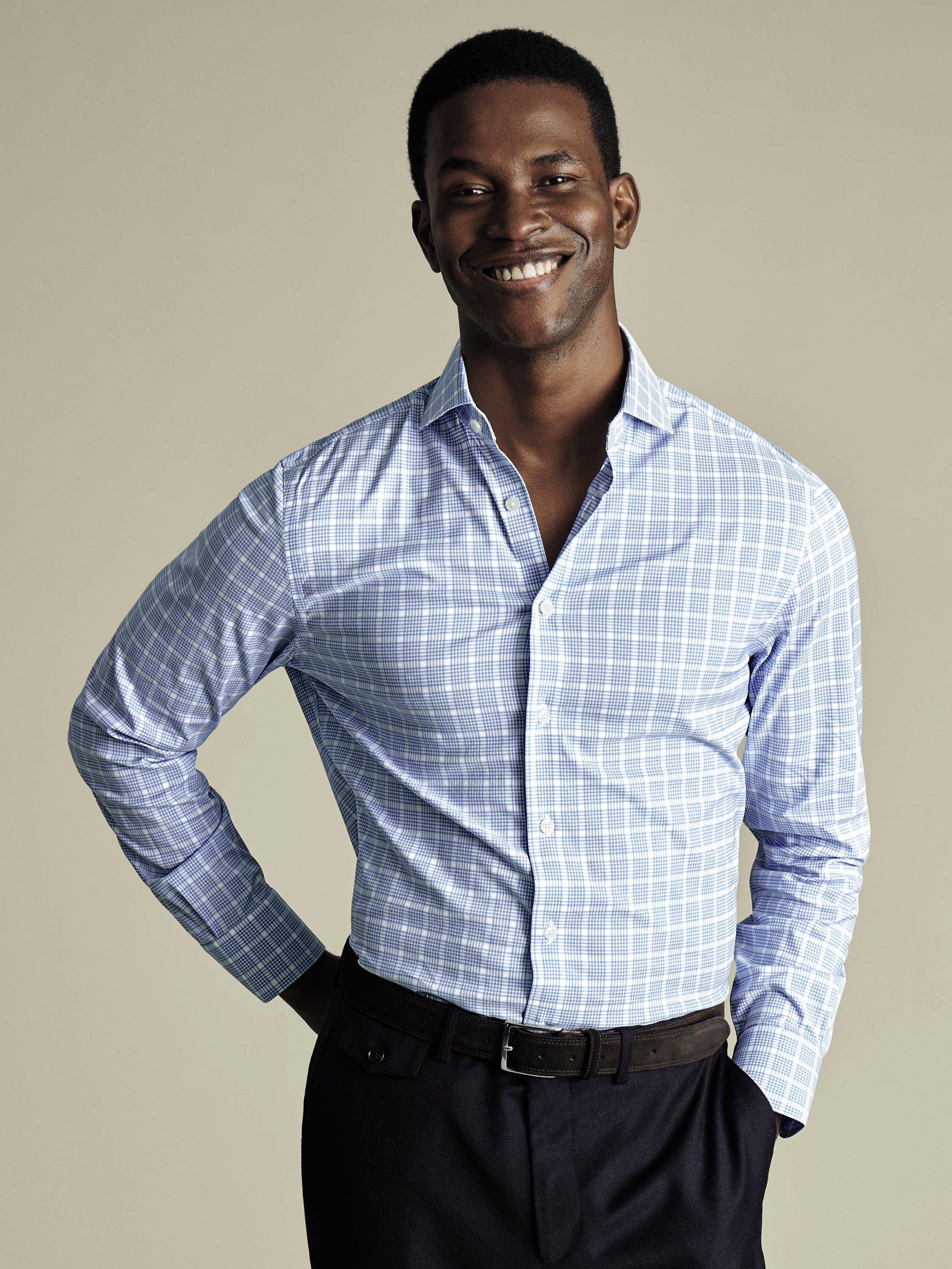 Charles Tyrwhitt Non-Iron Cotton Blend Slim Fit Cutaway Collar Check Shirt, Cornflower Blue