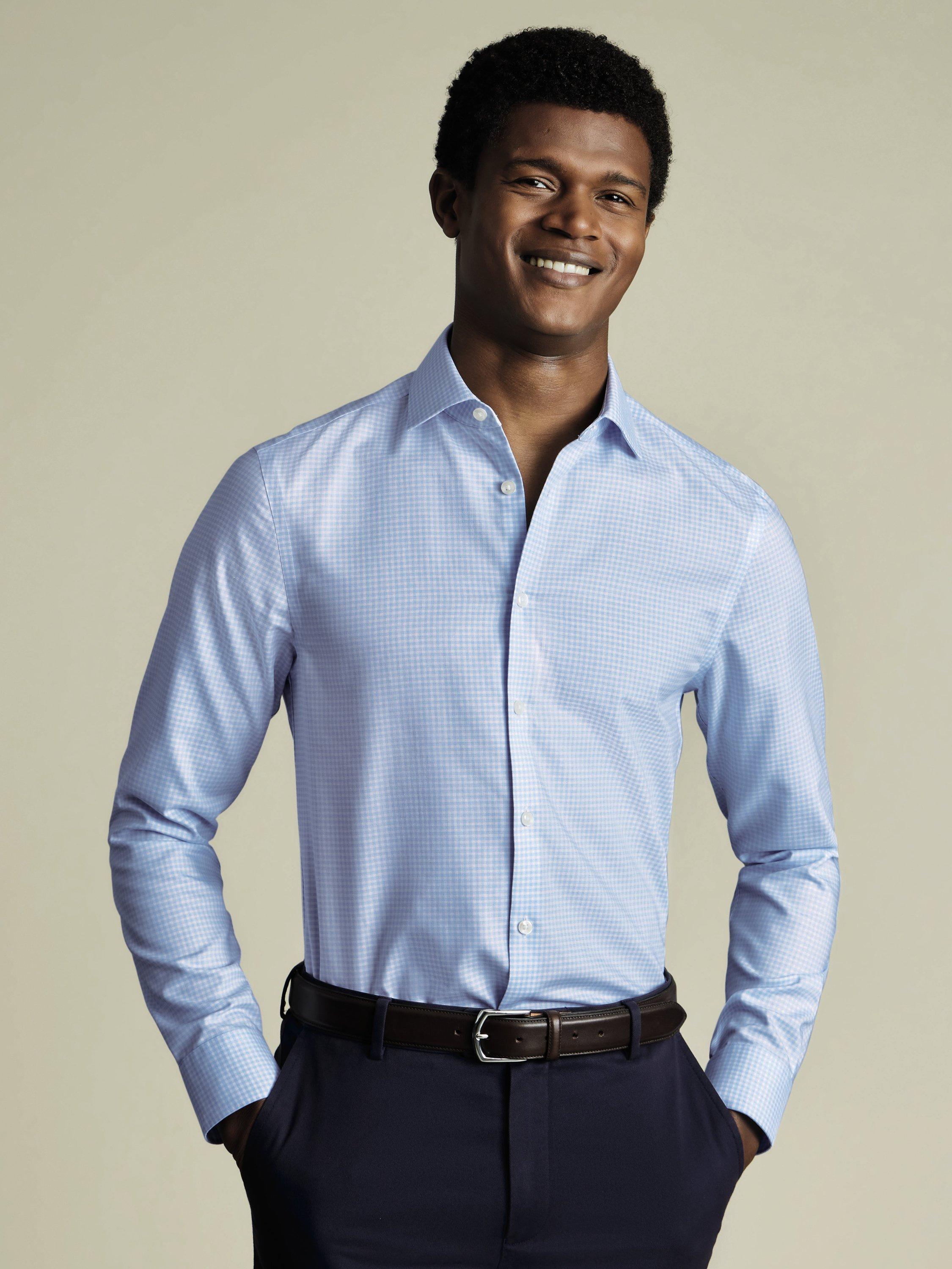 Charles Tyrwhitt Cotton Blend Slim Fit Check Semi-Cutaway Collar Shirt, Sky Blue