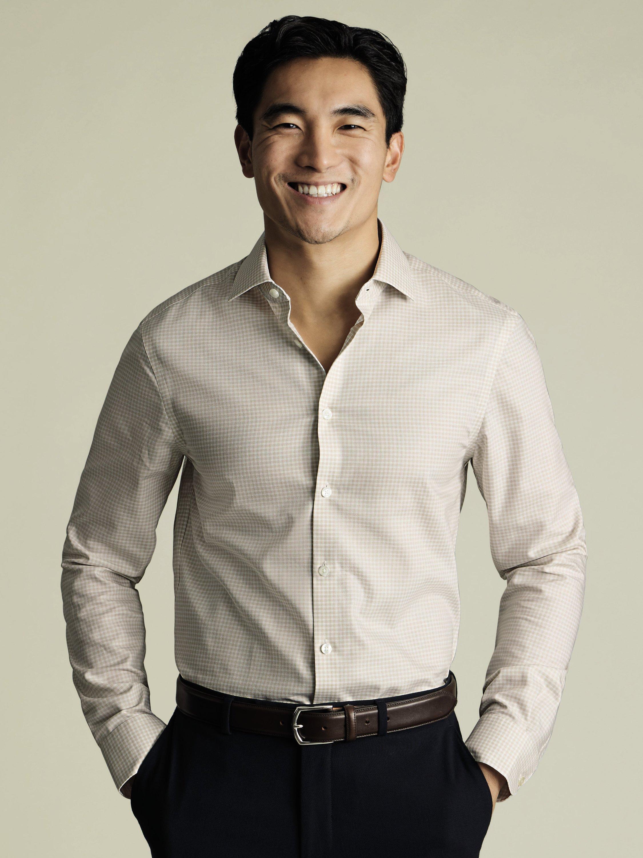 Charles Tyrwhitt Cotton Blend Slim Fit Check Semi-Cutaway Collar Shirt, Stone