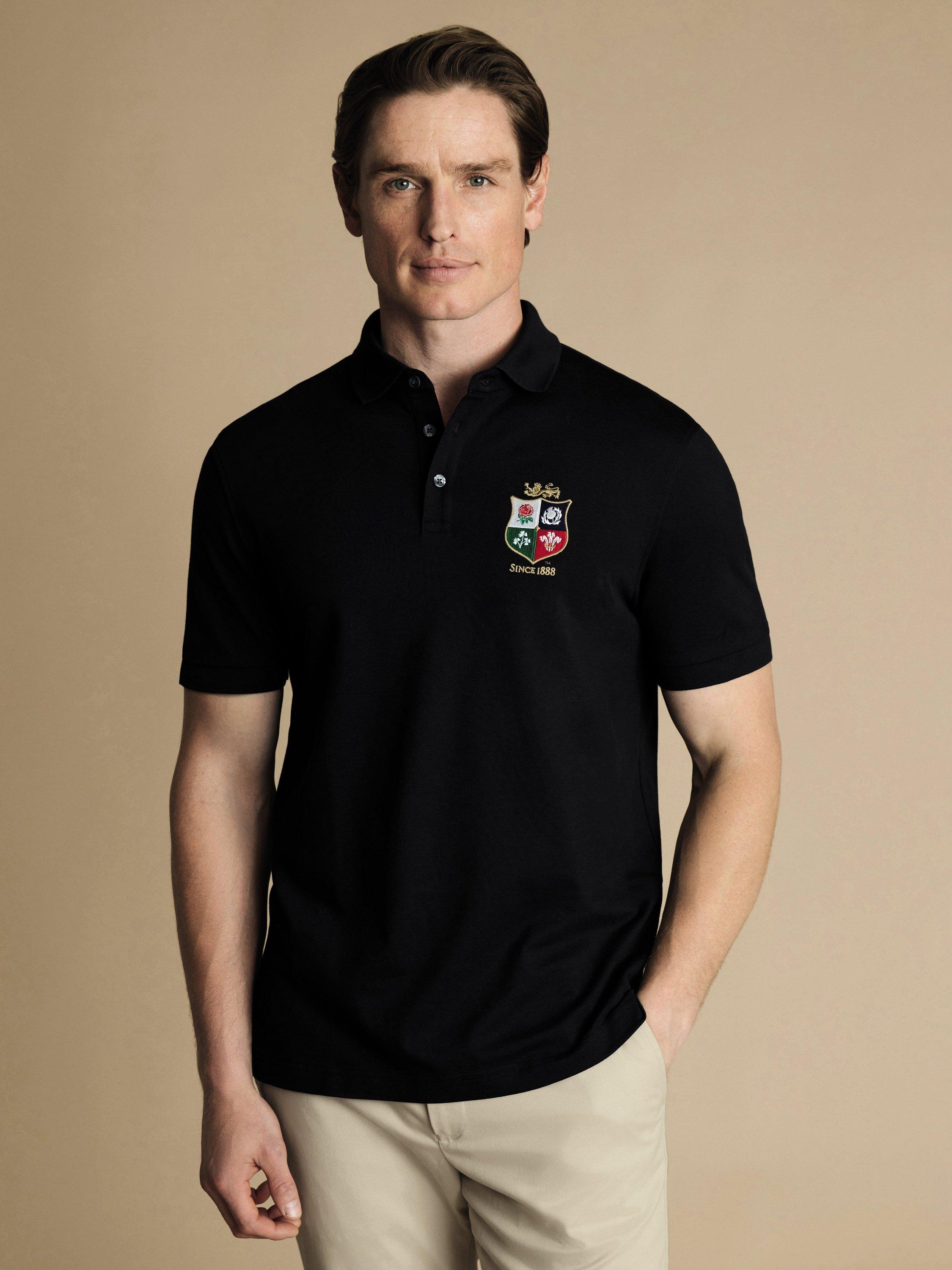 Charles Tyrwhitt Lions Rugby Short Sleeve Pique Cotton Rich Polo Neck Top, Black