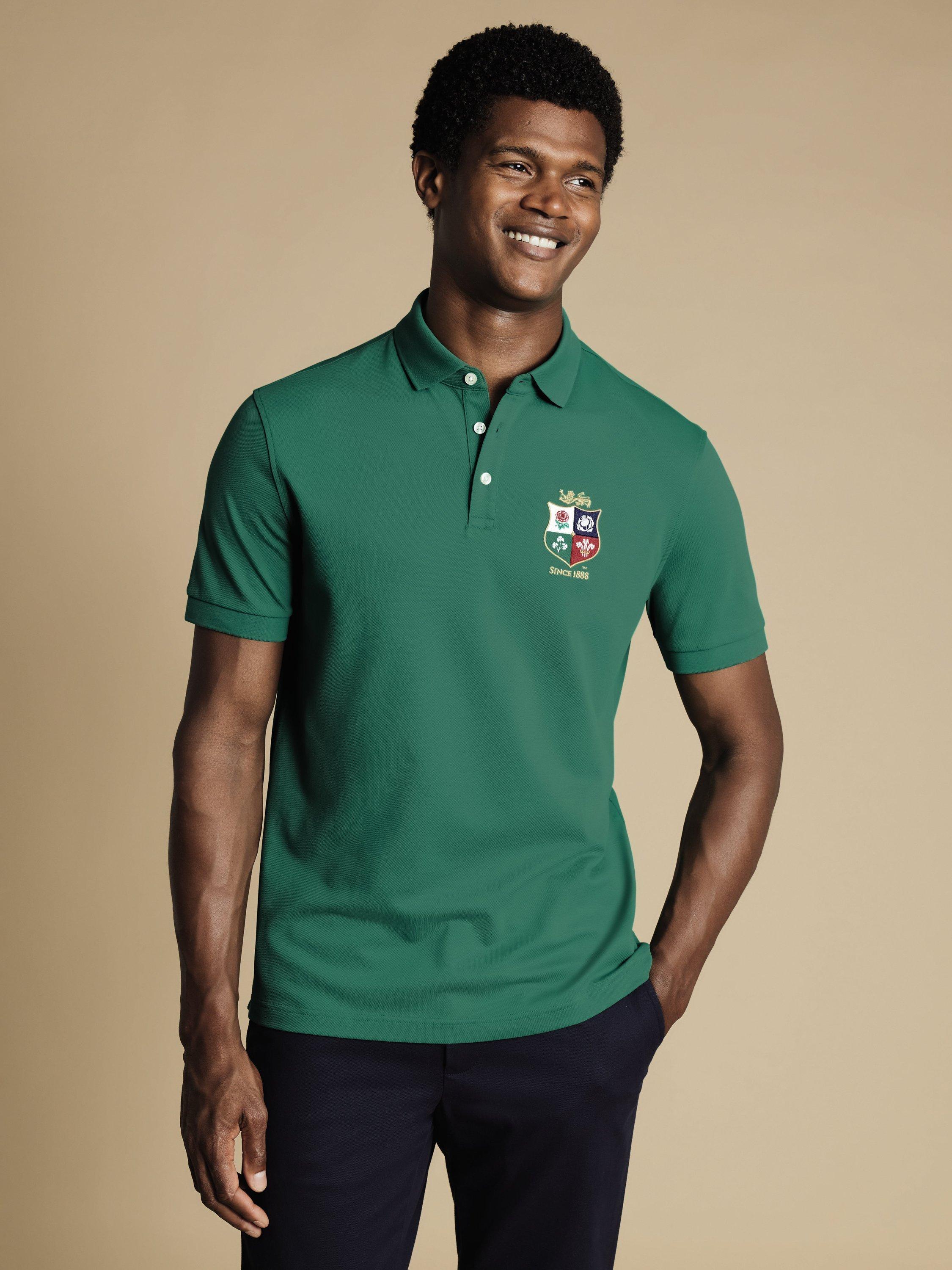 Charles Tyrwhitt Lions Rugby Short Sleeve Pique Cotton Rich Polo Neck Top, Green