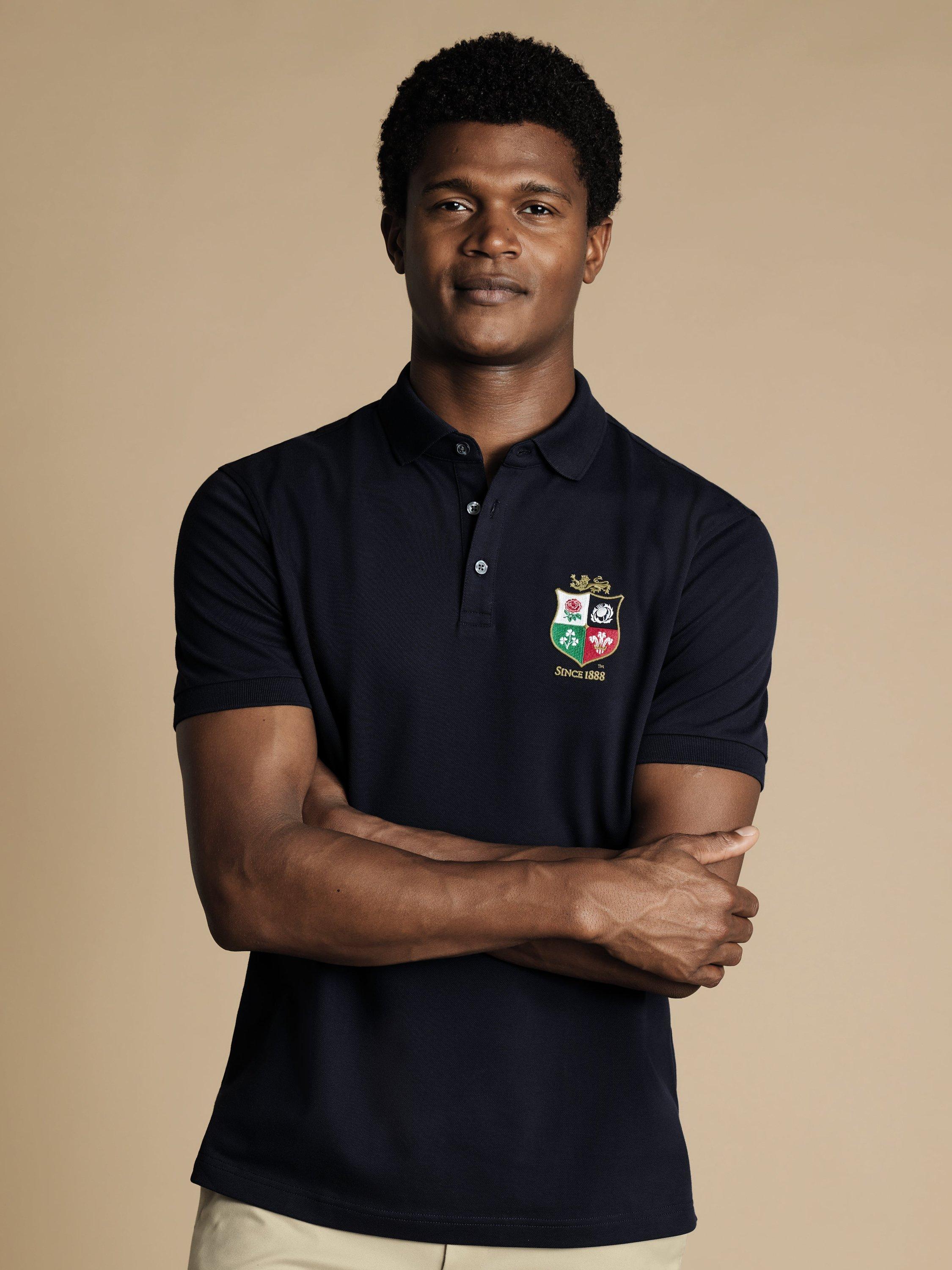 Charles Tyrwhitt Lions Rugby Short Sleeve Pique Cotton Rich Polo Neck Top, Navy