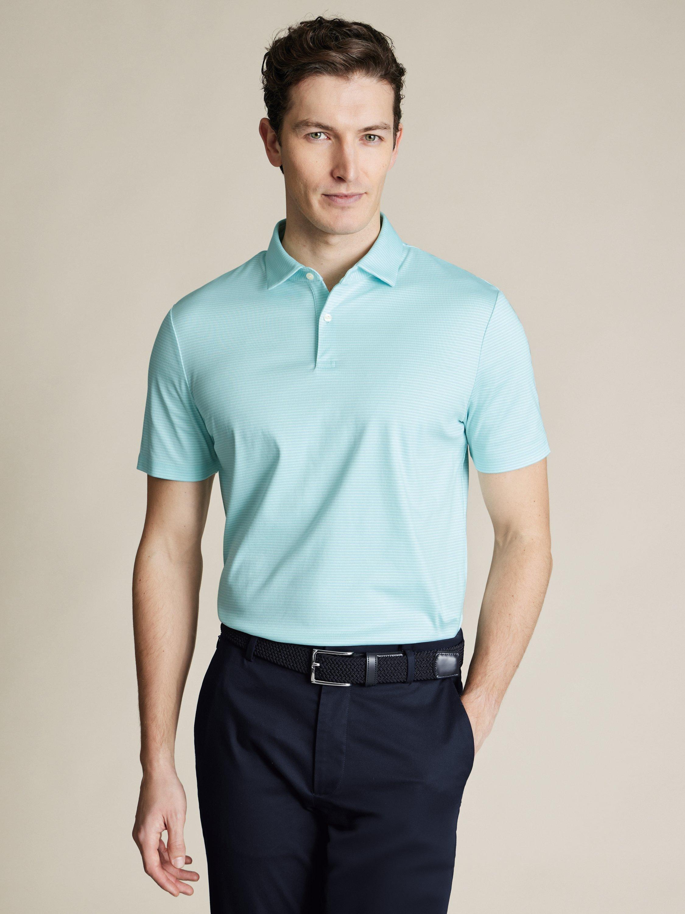 Charles Tyrwhitt Stripe Cotton Polo Shirt, Aqua Green