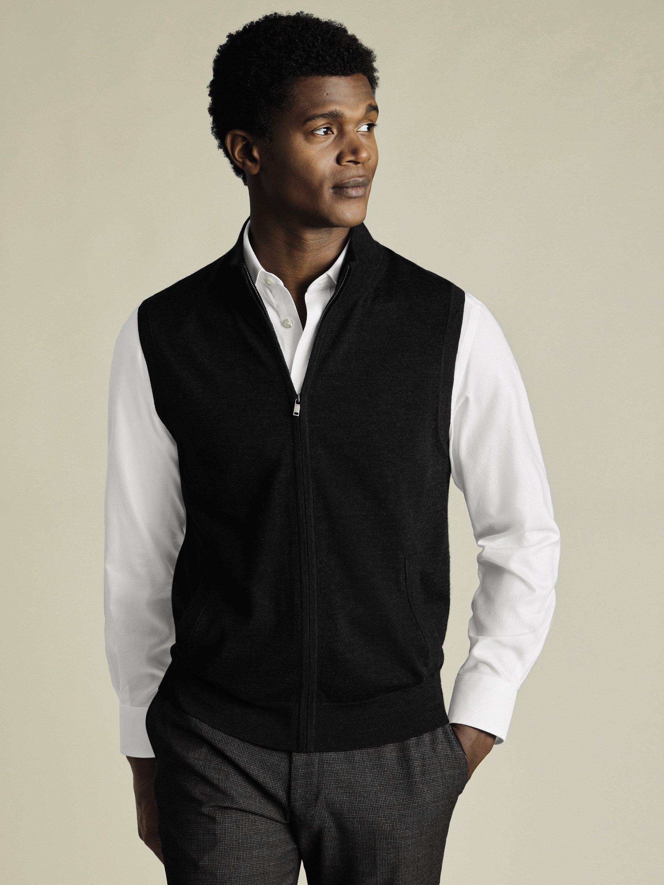 Product image 1 of 6, which shows Charles Tyrwhitt Merino Wool Knit Gilet, Charcoal Grey, S