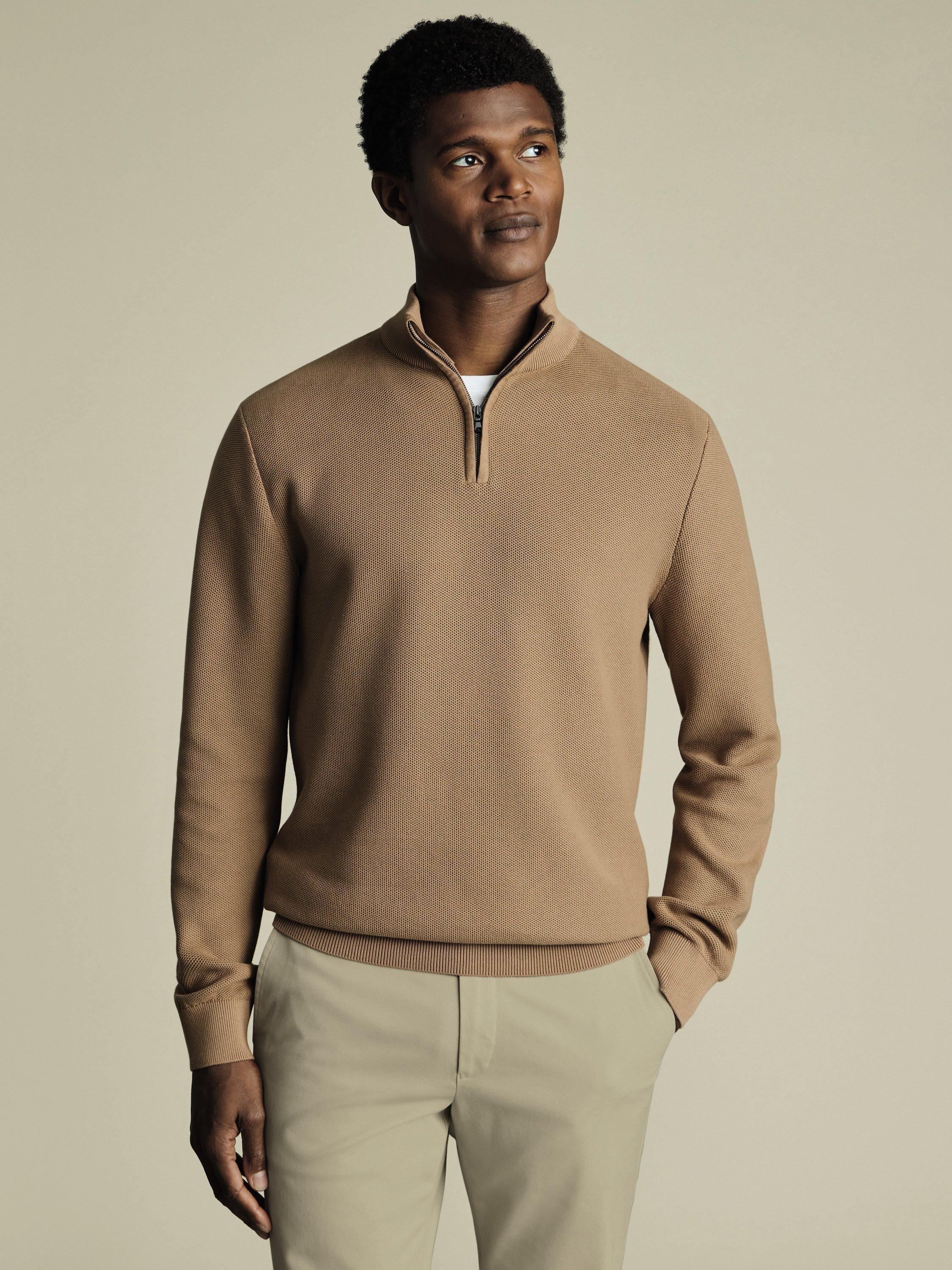 Product image 1 of 5, which shows Charles Tyrwhitt Cotton Honeycomb Knit Zip-Neck Jumper, Camel, M