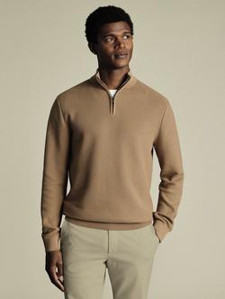 Charles Tyrwhitt Cotton Honeycomb Knit Zip-Neck Jumper, Camel